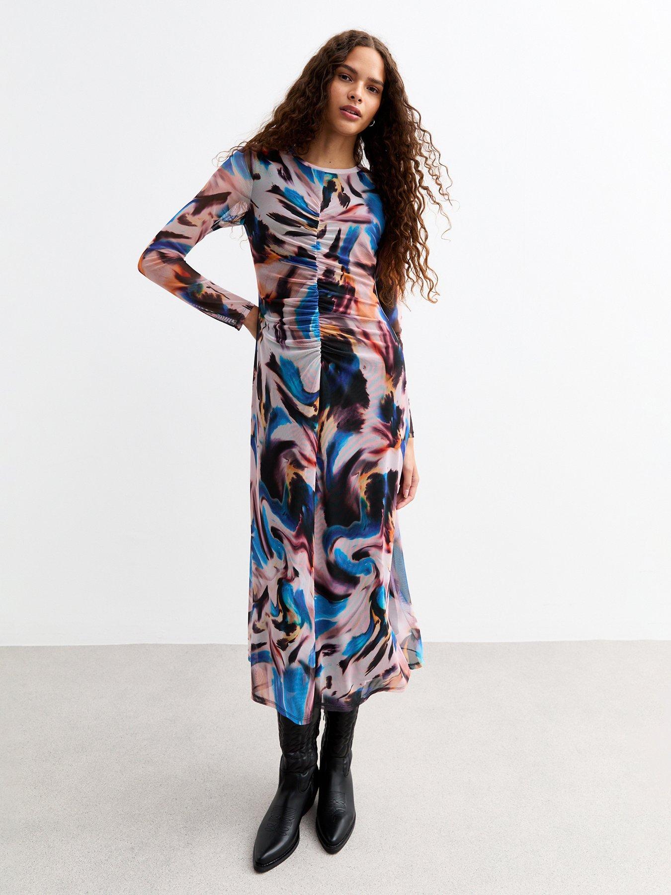 new-look-multicoloured-ruched-long-sleeve-mesh-midi-dress-multi