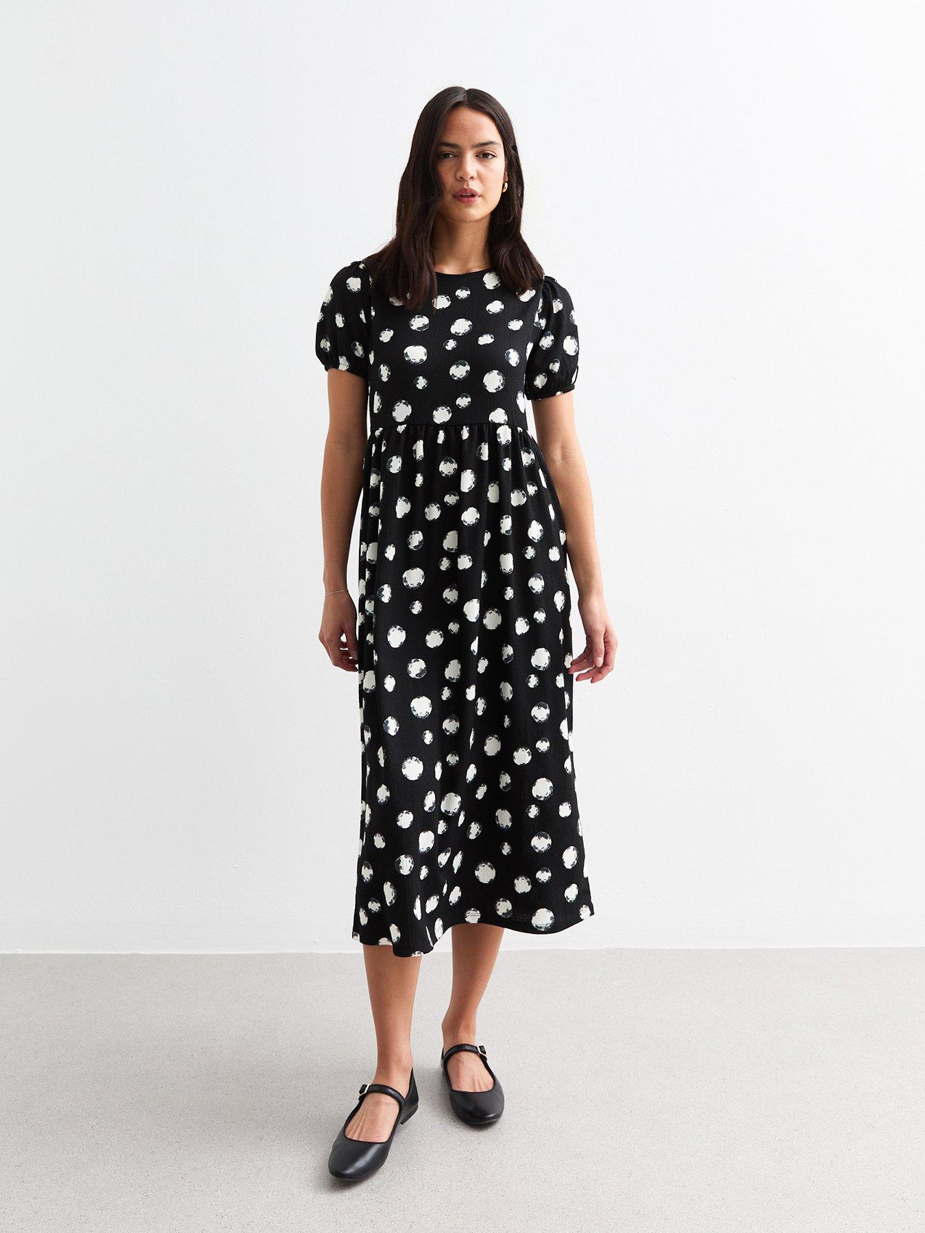 new-look-black-polka-dot-puff-sleeve-midi-dress