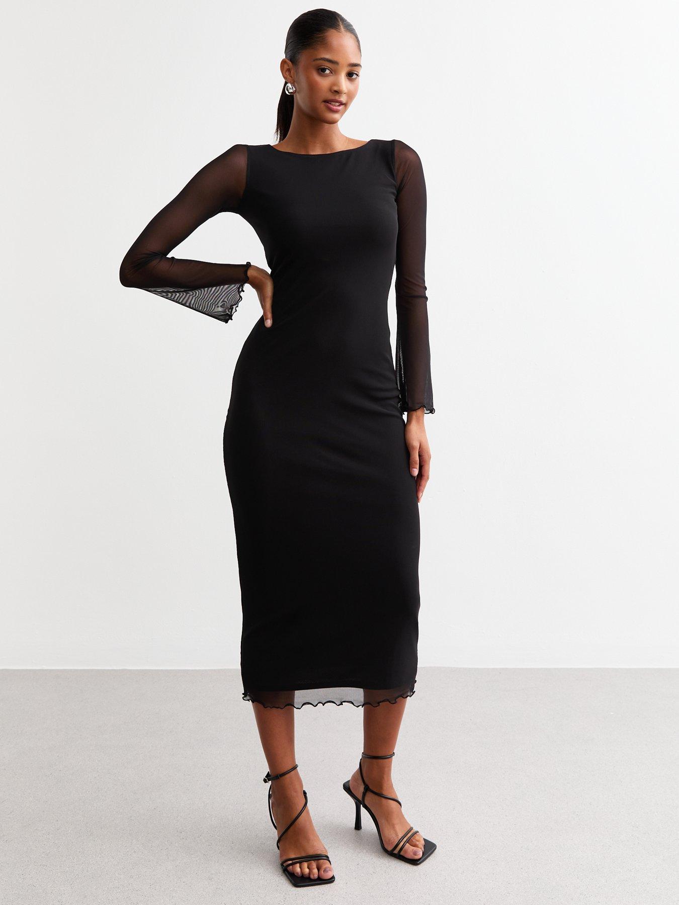 new-look-mesh-flared-sleeve-midi-dress-black