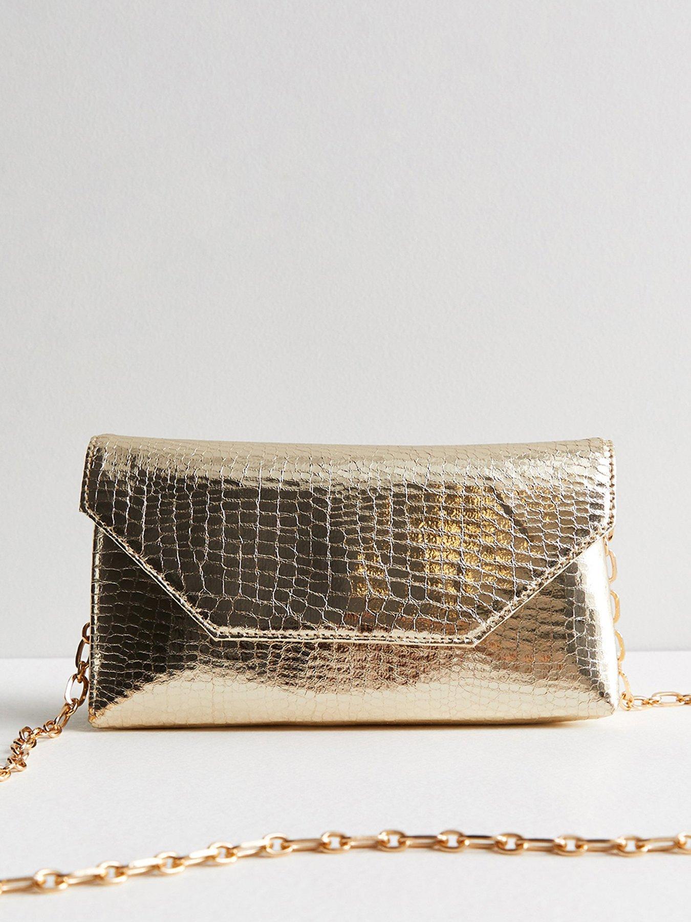 Image 1 of 5 of New Look Gold Croc Effect Chain Clutch Bag
