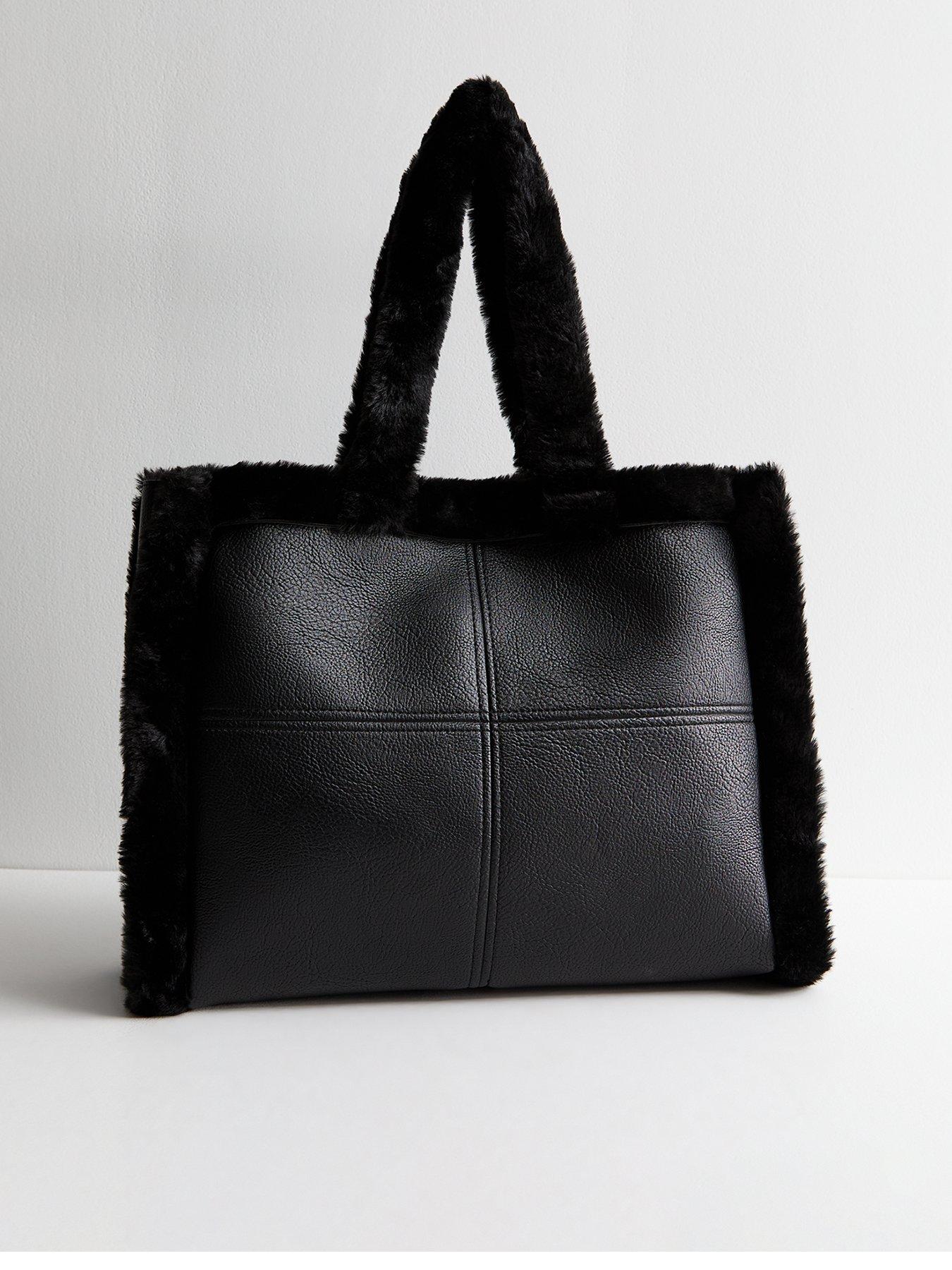 new-look-black-large-faux-fur-trim-boxy-tote-bag