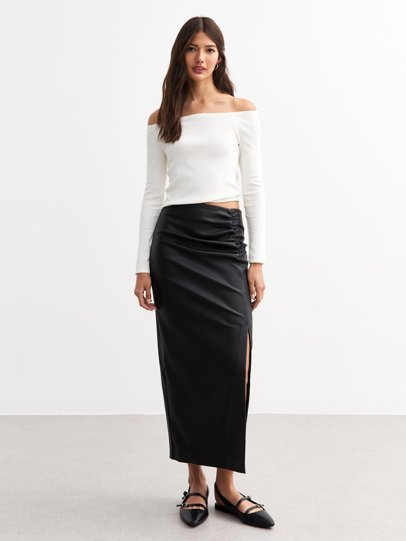 new-look-ruched-leather-look-midi-skirt-blackfront