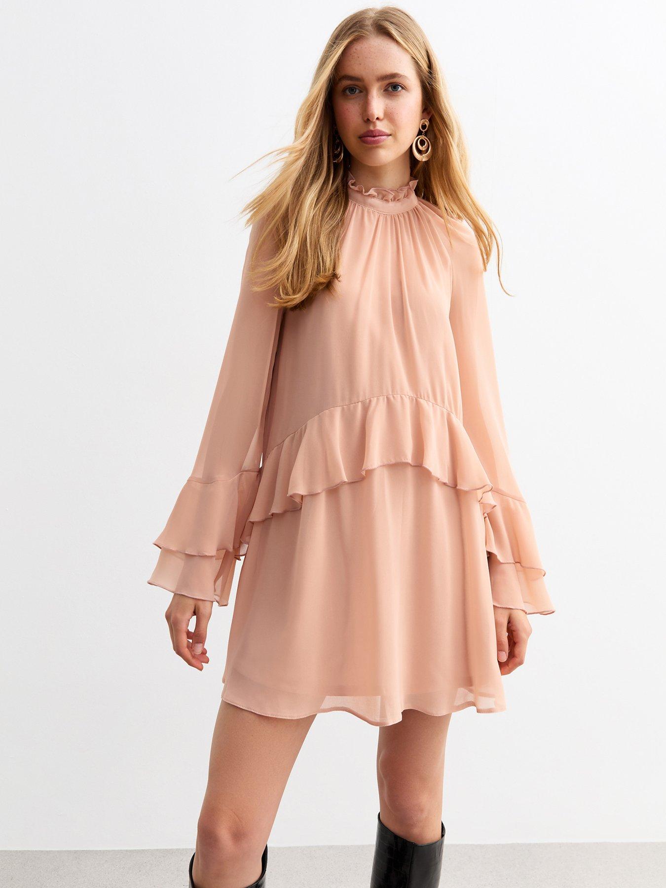 new-look-ruffled-chiffon-mini-dress-pink