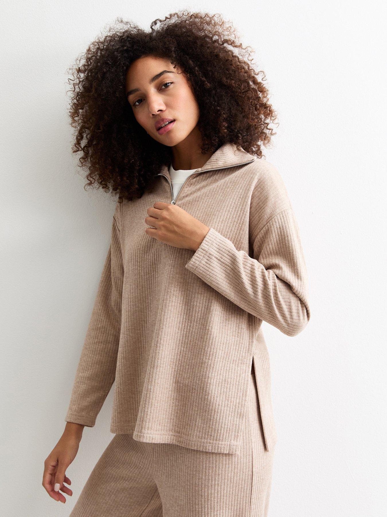 new-look-soft-touch-rib-half-zip-jumper-beigefront