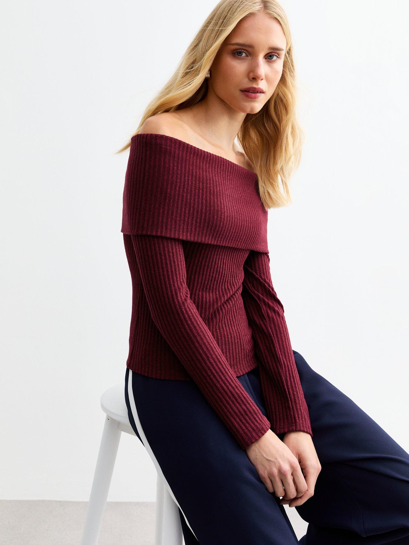 new-look-burgundy-ribbed-bardot-jumper