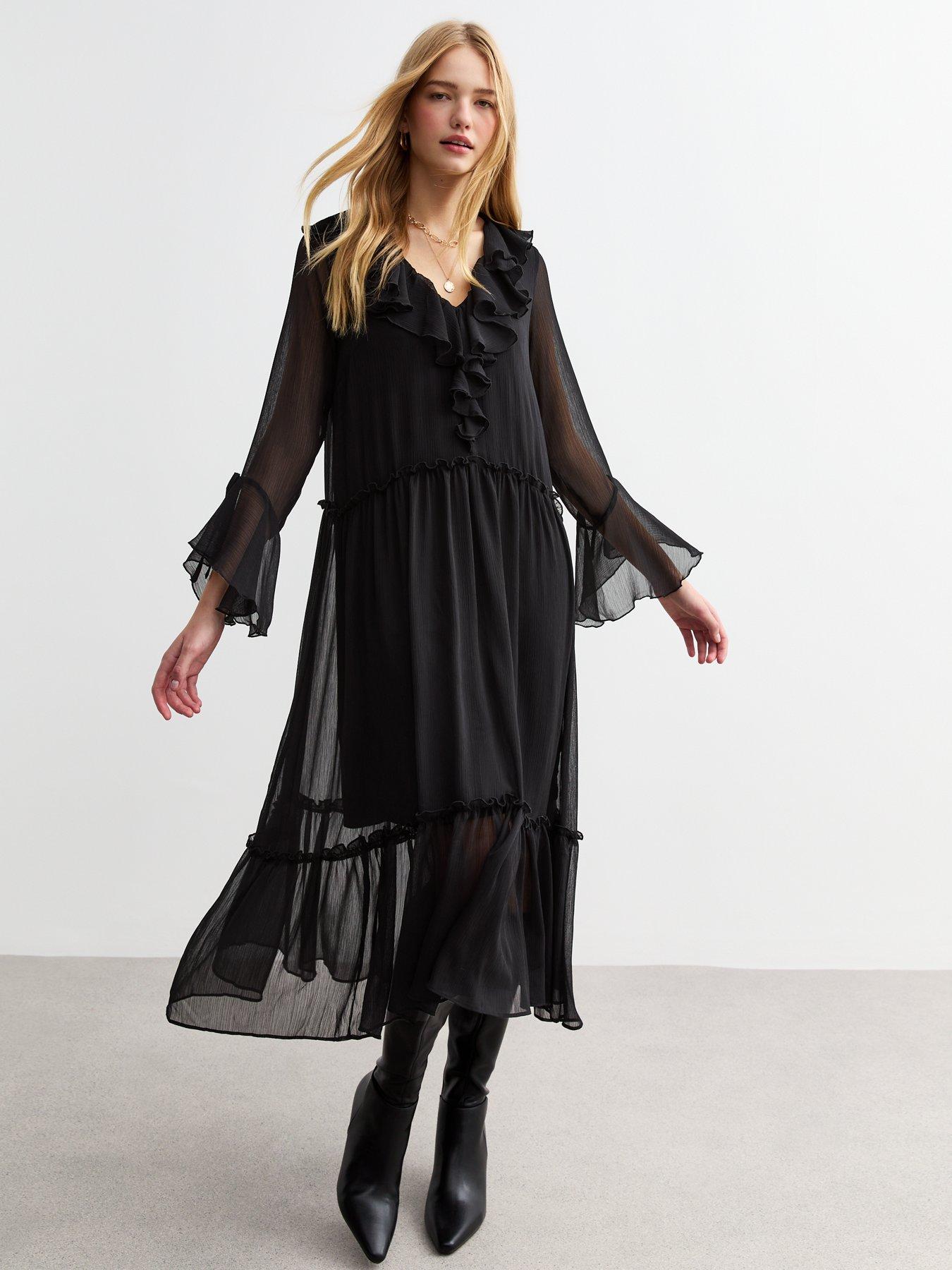 Image of New Look Ruffle Long Sleeve Midi Dress - Black
