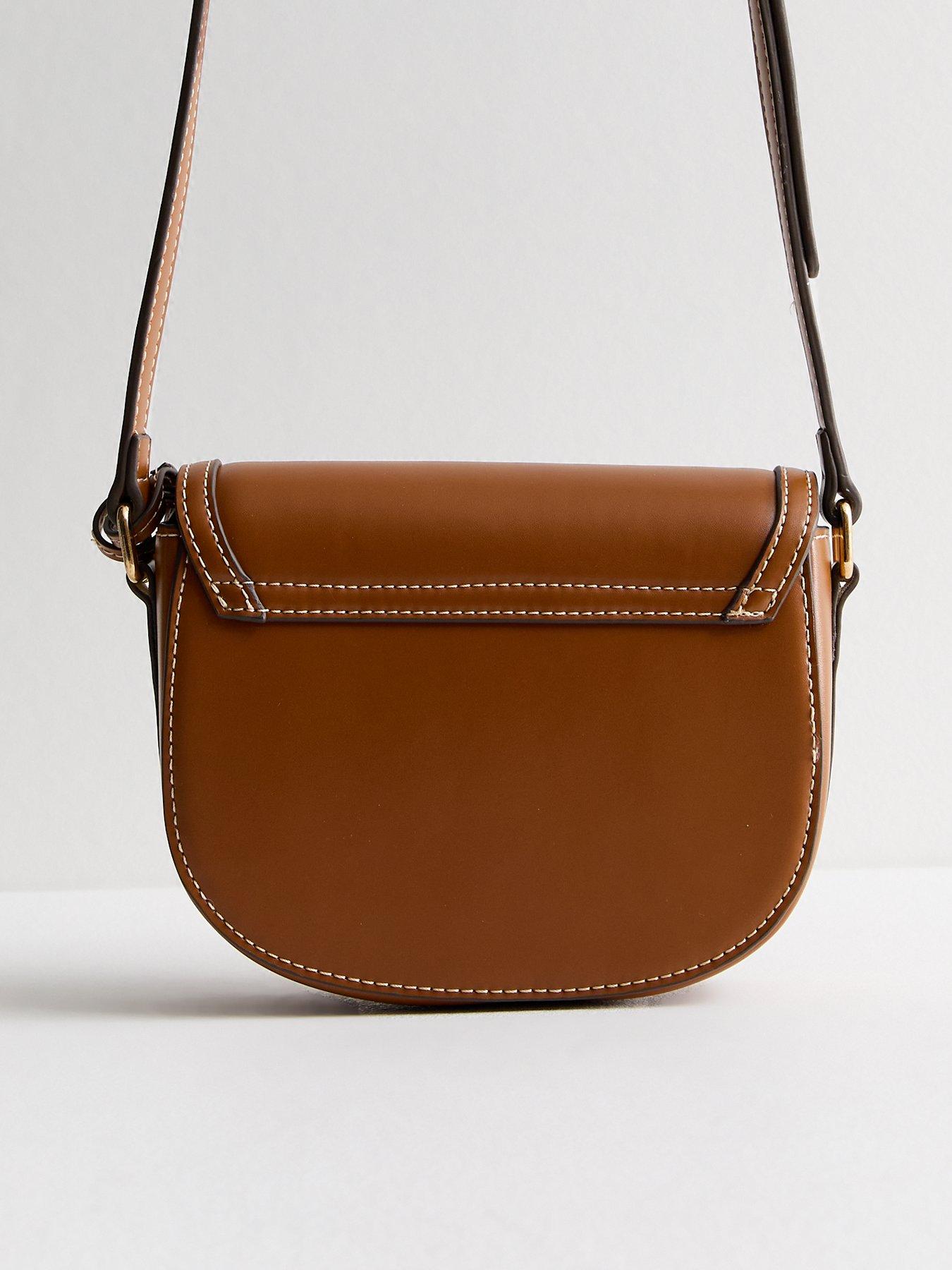 Tan Leather Look Top Stitch Crossbody Saddle Bag