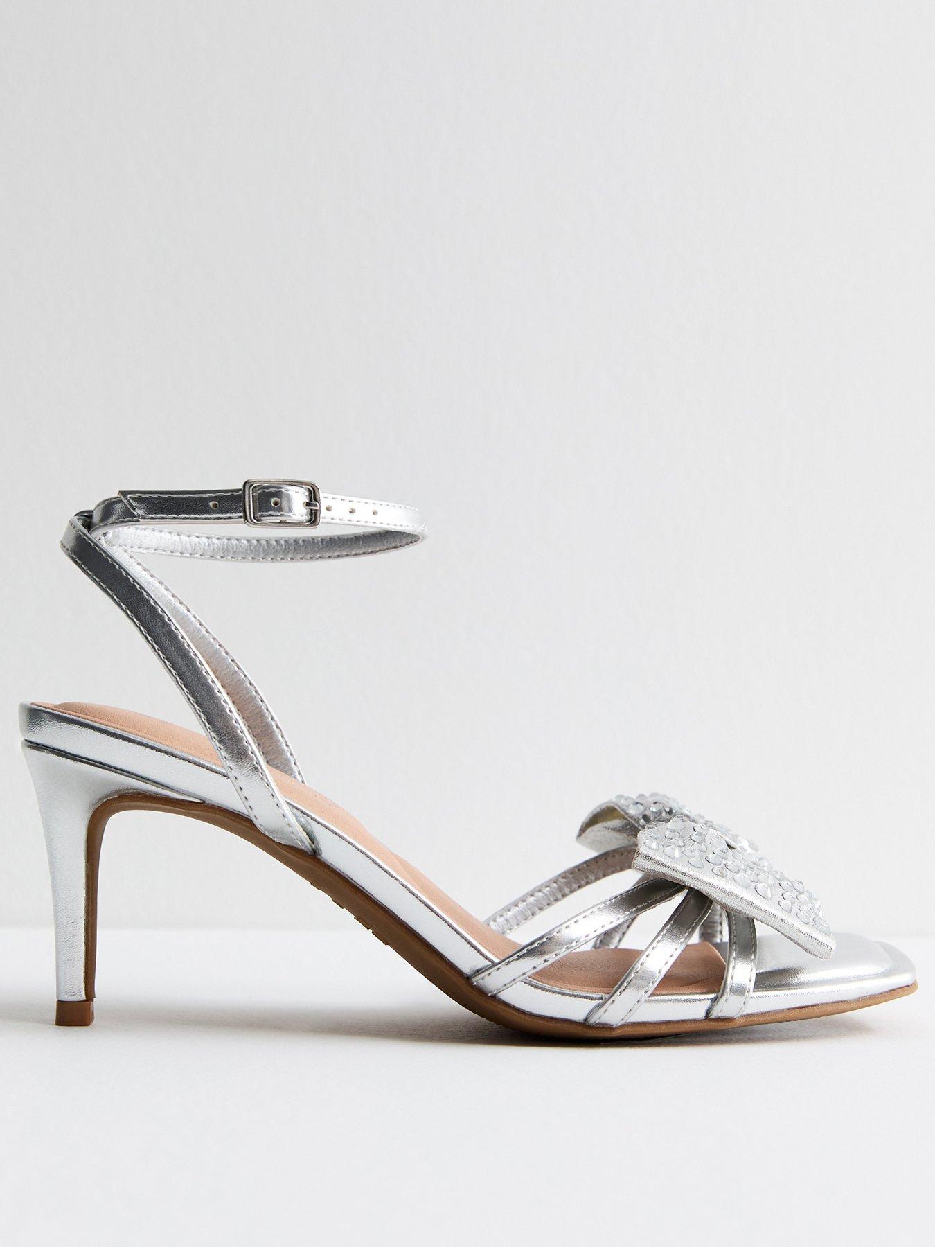 undefined Wide Fit Leather-Look Embellished Bow Midi Stiletto Heels - Silver