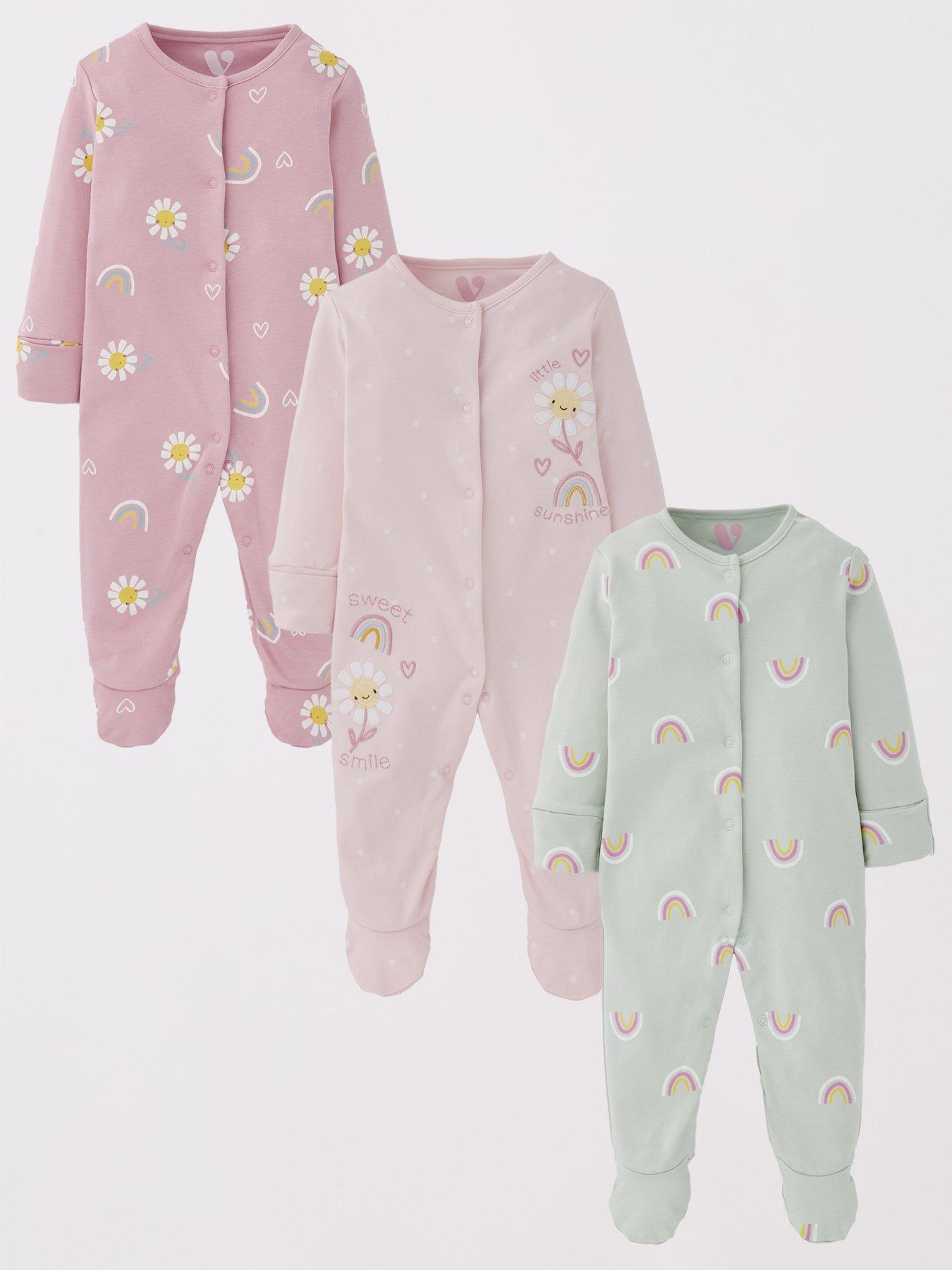 Image 1 of 5 of Mini V by Very Baby Girl 3 Pack Flower Sleepsuits - Multi