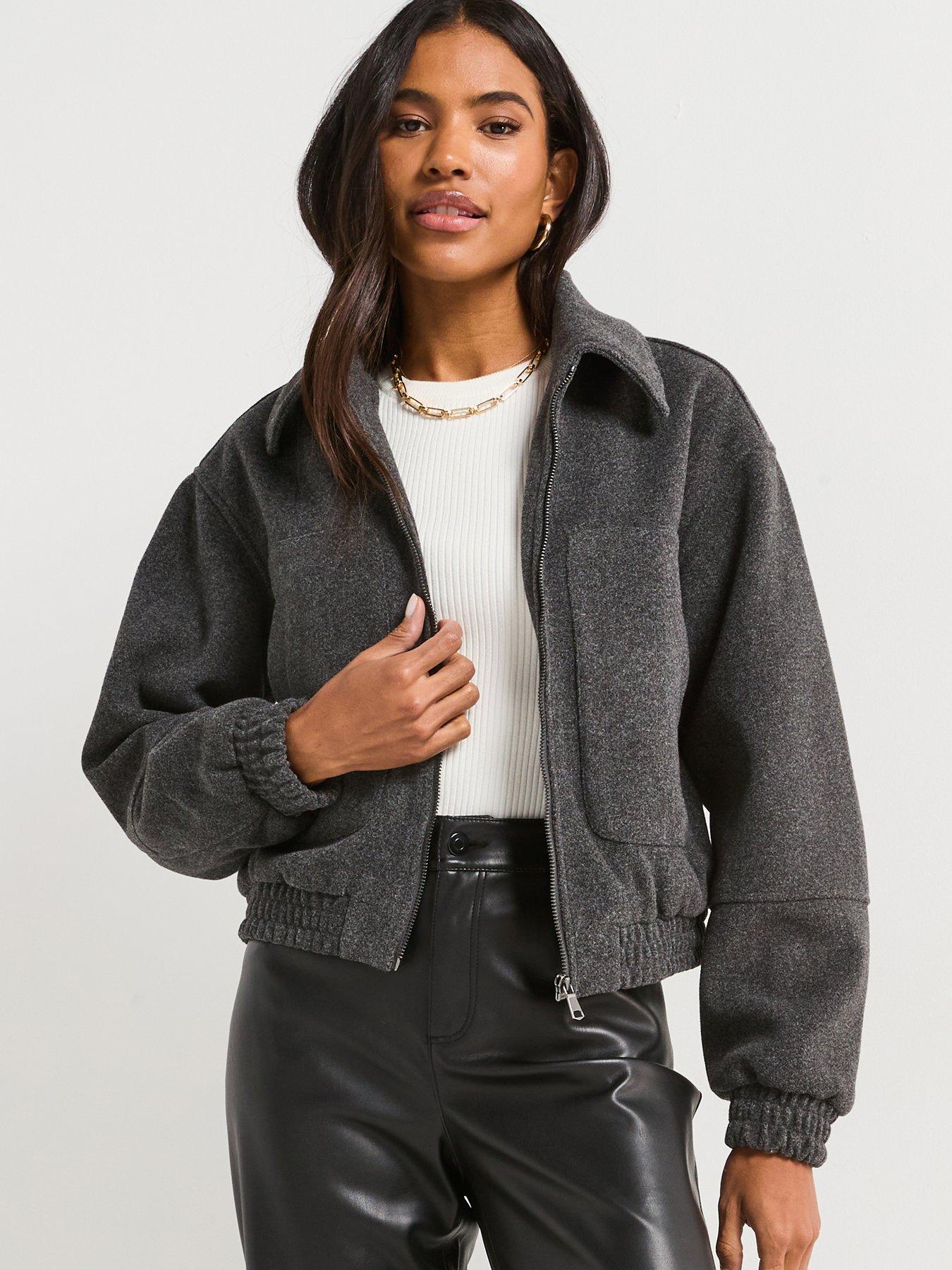 Image of V by Very Faux Wool Zip Through Bomber Jacket - Grey