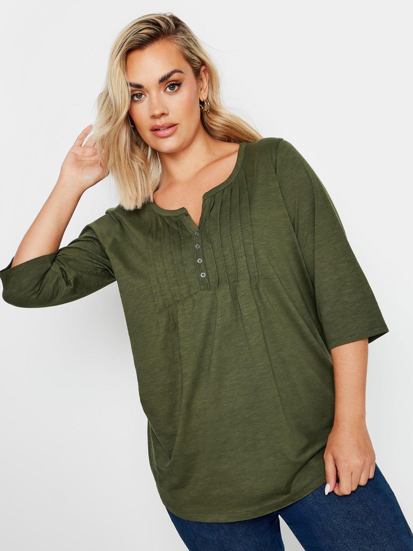 yours-curve-pintuck-henley-top-green