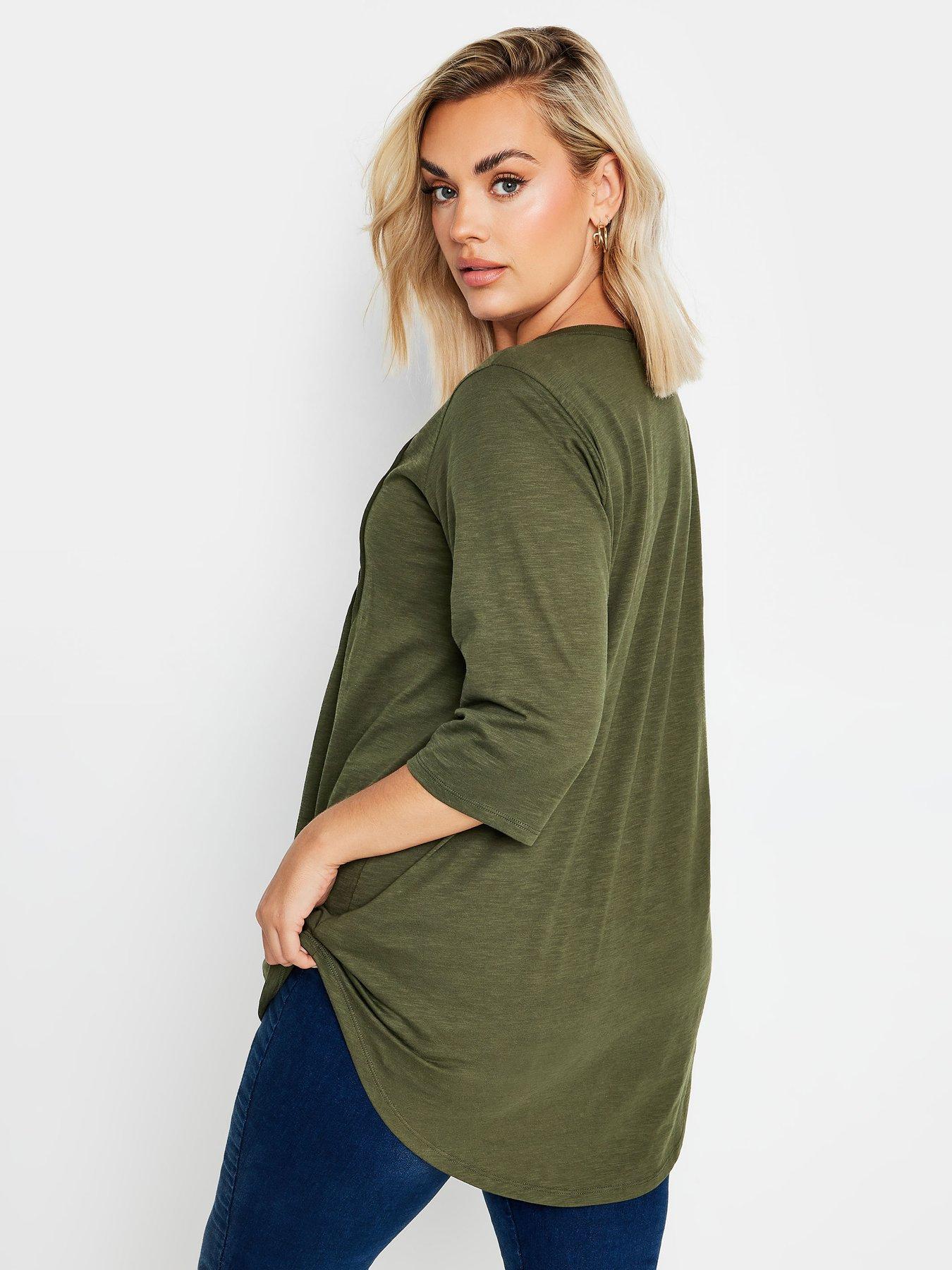 yours-curve-pintuck-henley-top-greenstillFront