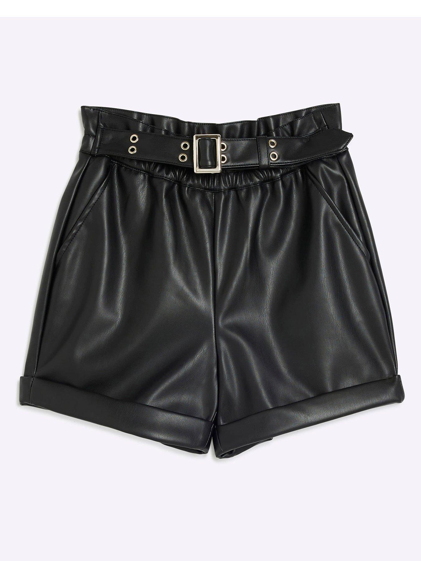 river-island-older-girl-faux-leather-belted-shorts-black