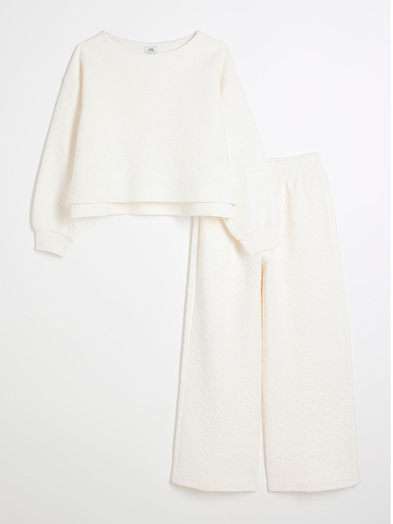 Image 1 of 5 of River Island Older Girl Textured Sweatshirt Set - Cream