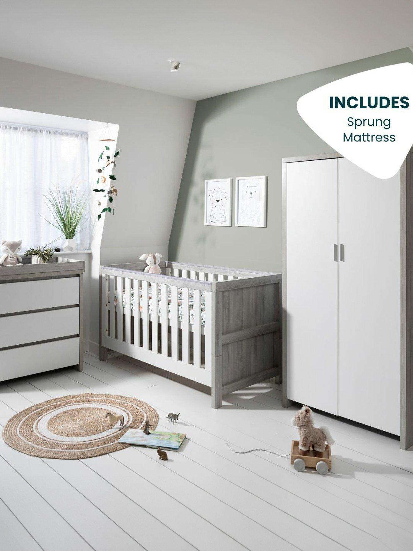 Tutti Bambini Modena 4 Piece Furniture Set (Cot Bed, Sprung Mattress, Chest Changer, Wardrobe) Grey Ash/White