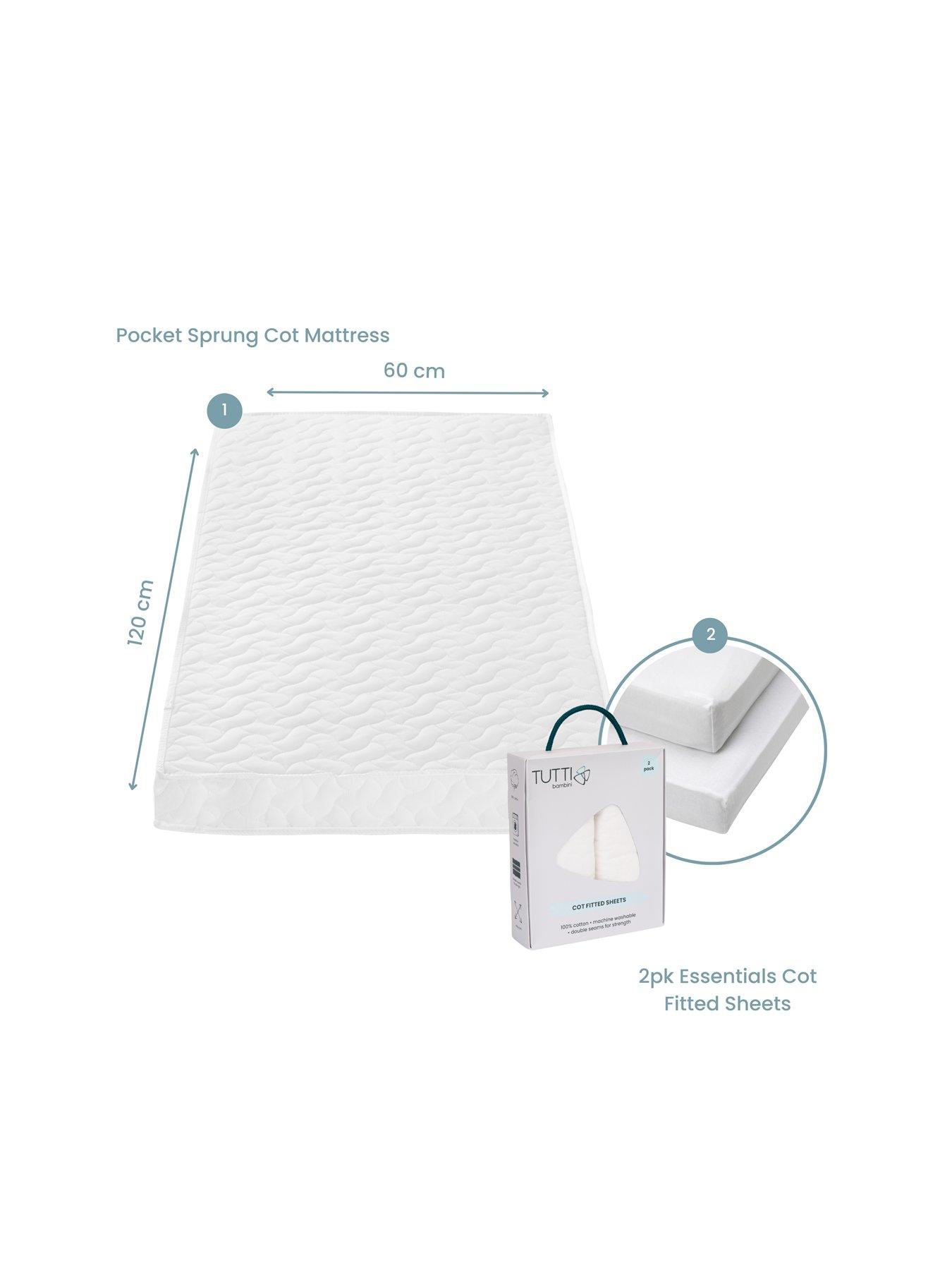 undefined Pocket Sprung Cot Mattress (60 x 120 cm) with Essentials 2pk Fitted Sheets