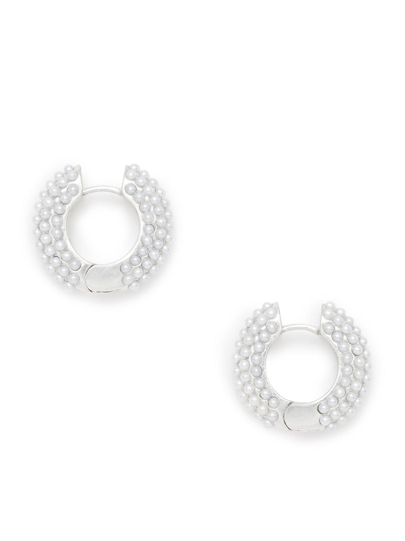 AllSaints Chunky Pearl Huggie Earrings - Silver
