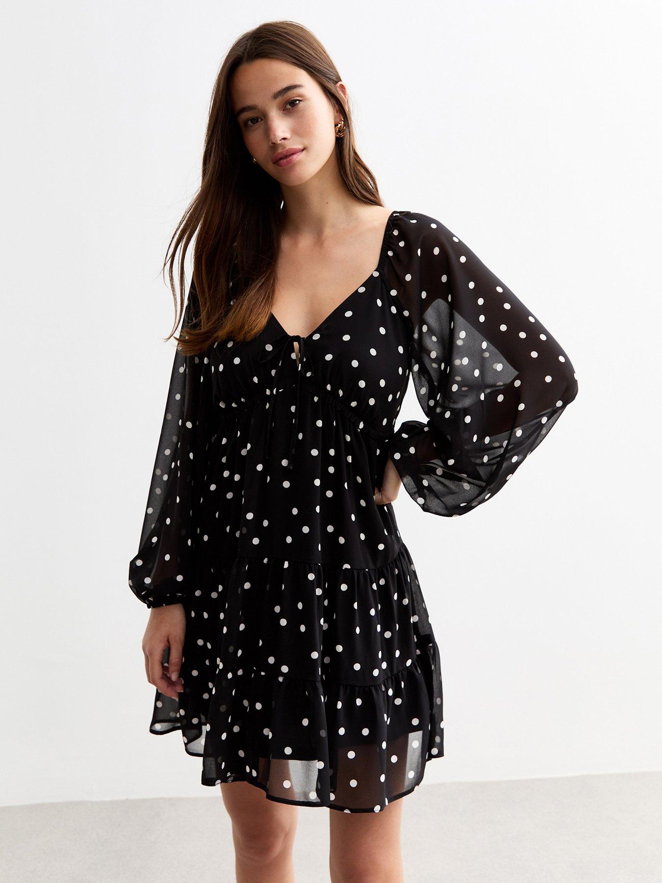 new-look-polka-dot-chiffon-mini-smock-dress-black