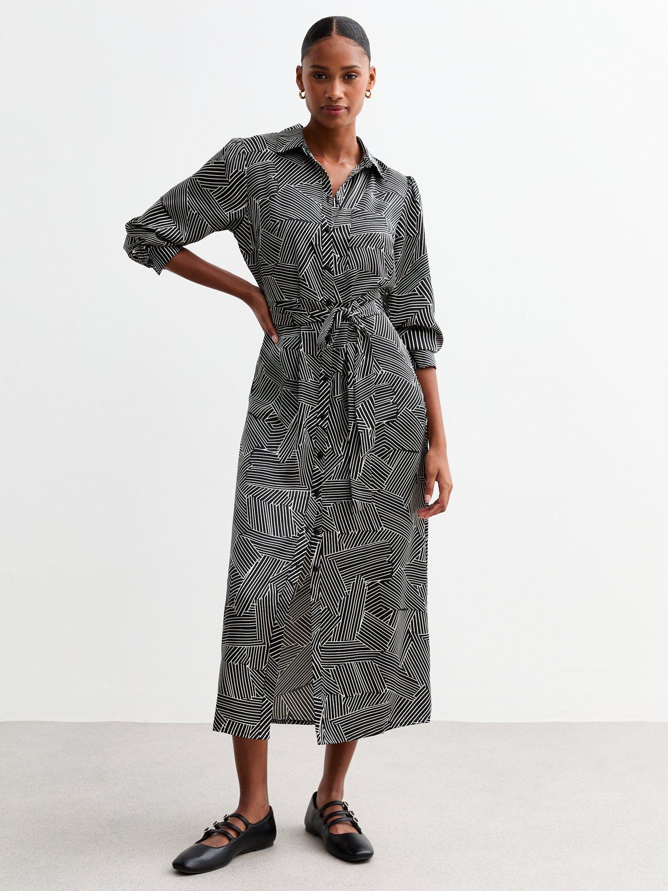 Image of New Look Geometric Patterned Belted Midi Shirt Dress - Black/Print