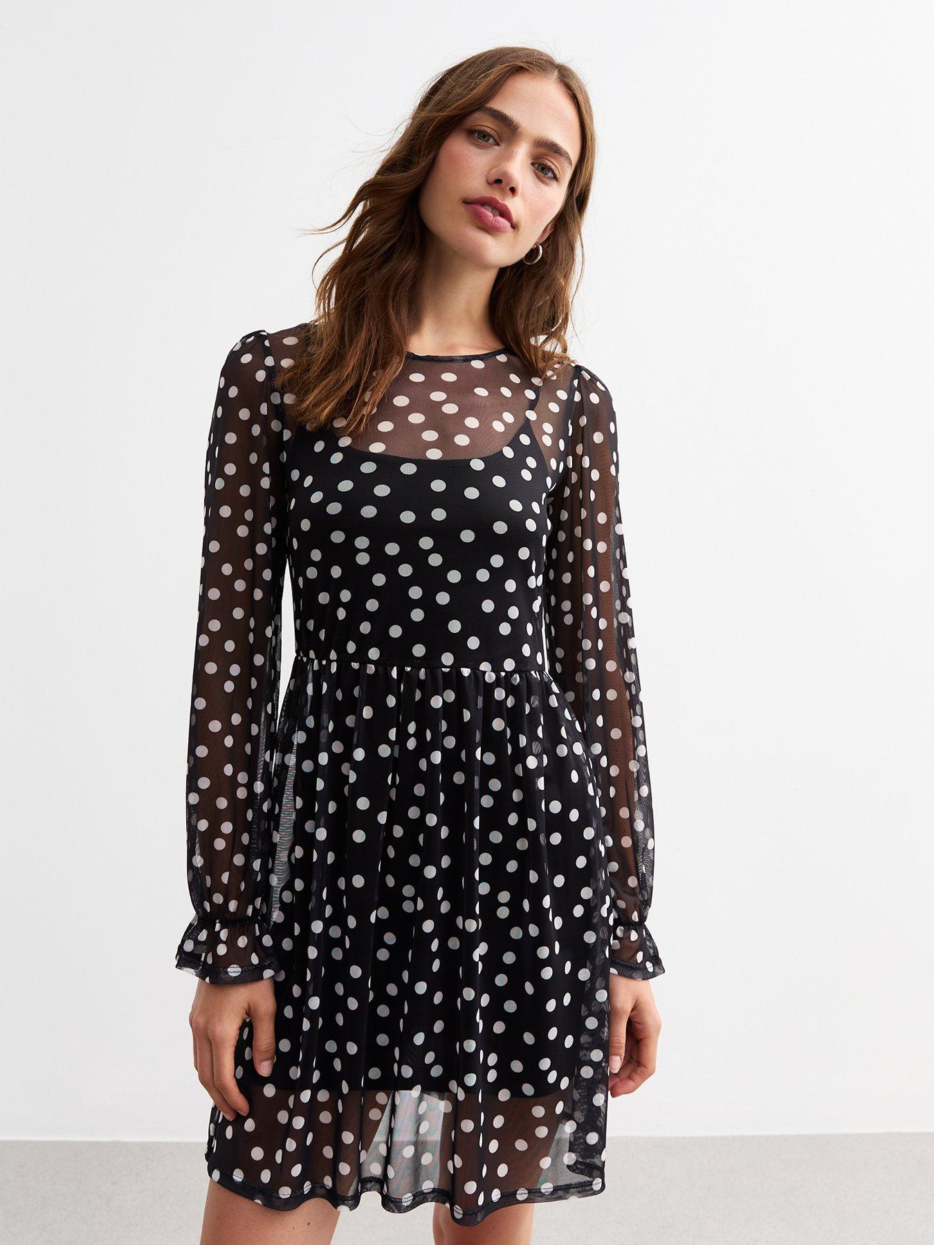 new-look-mesh-polka-dot-smock-mini-dress-black