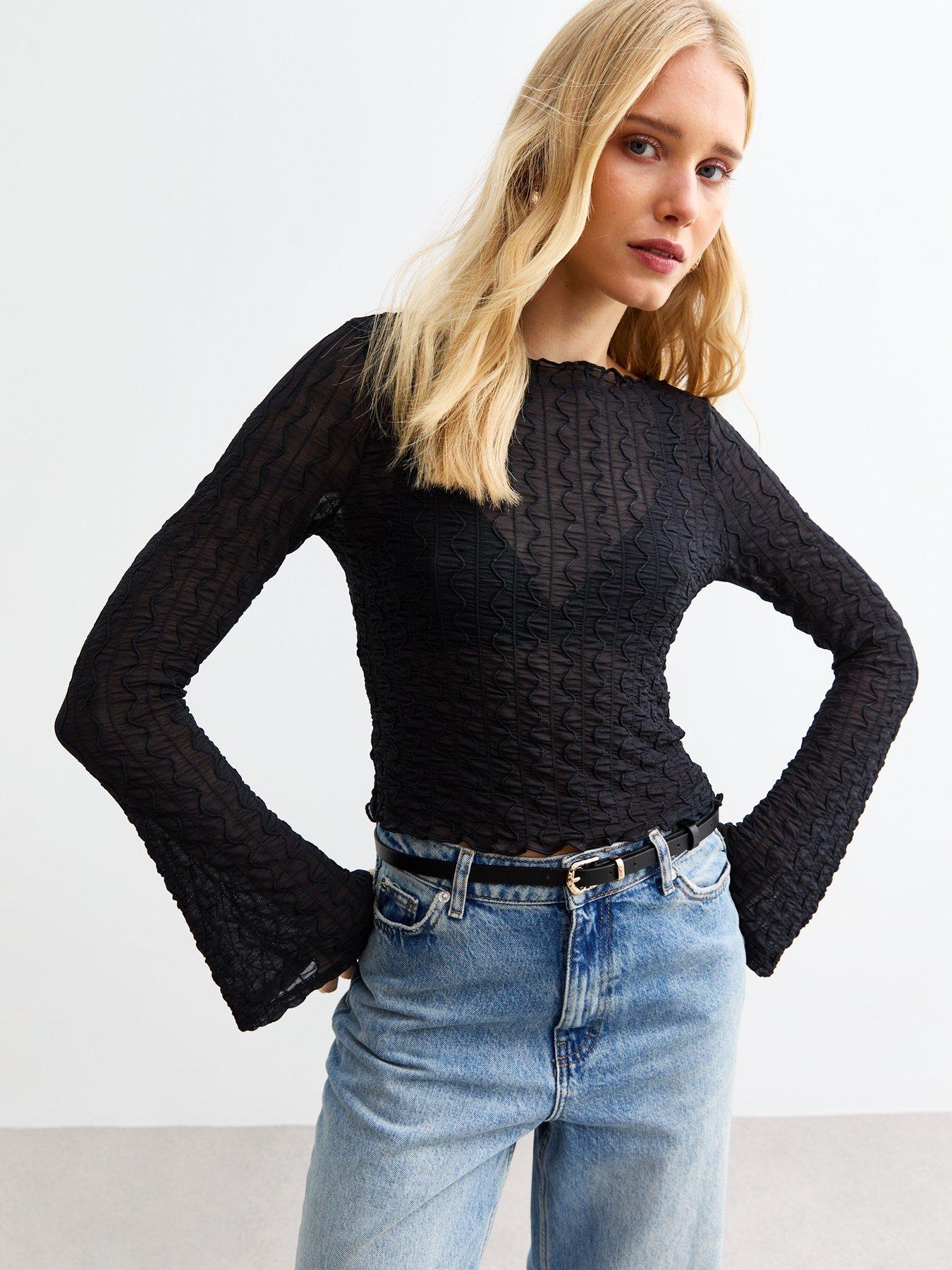 new-look-textured-flared-sleeve-top-black