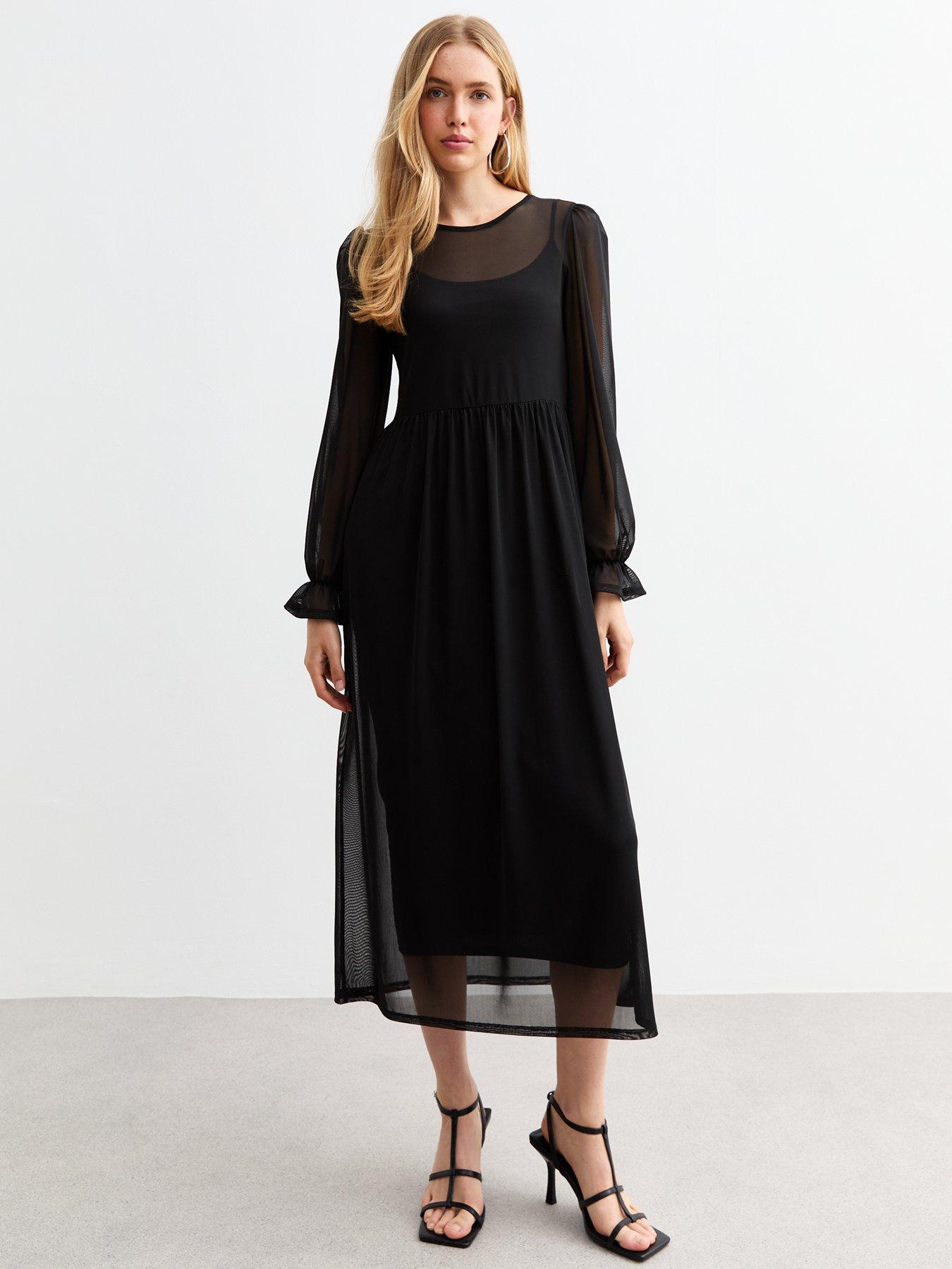 new-look-mesh-long-sleeve-midi-smock-dress-black