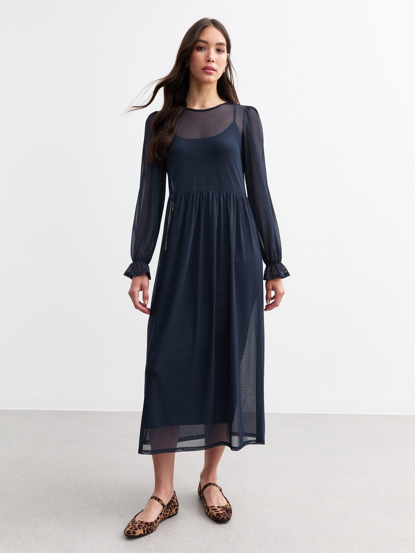 new-look-mesh-long-sleeve-midi-smock-dress-navy