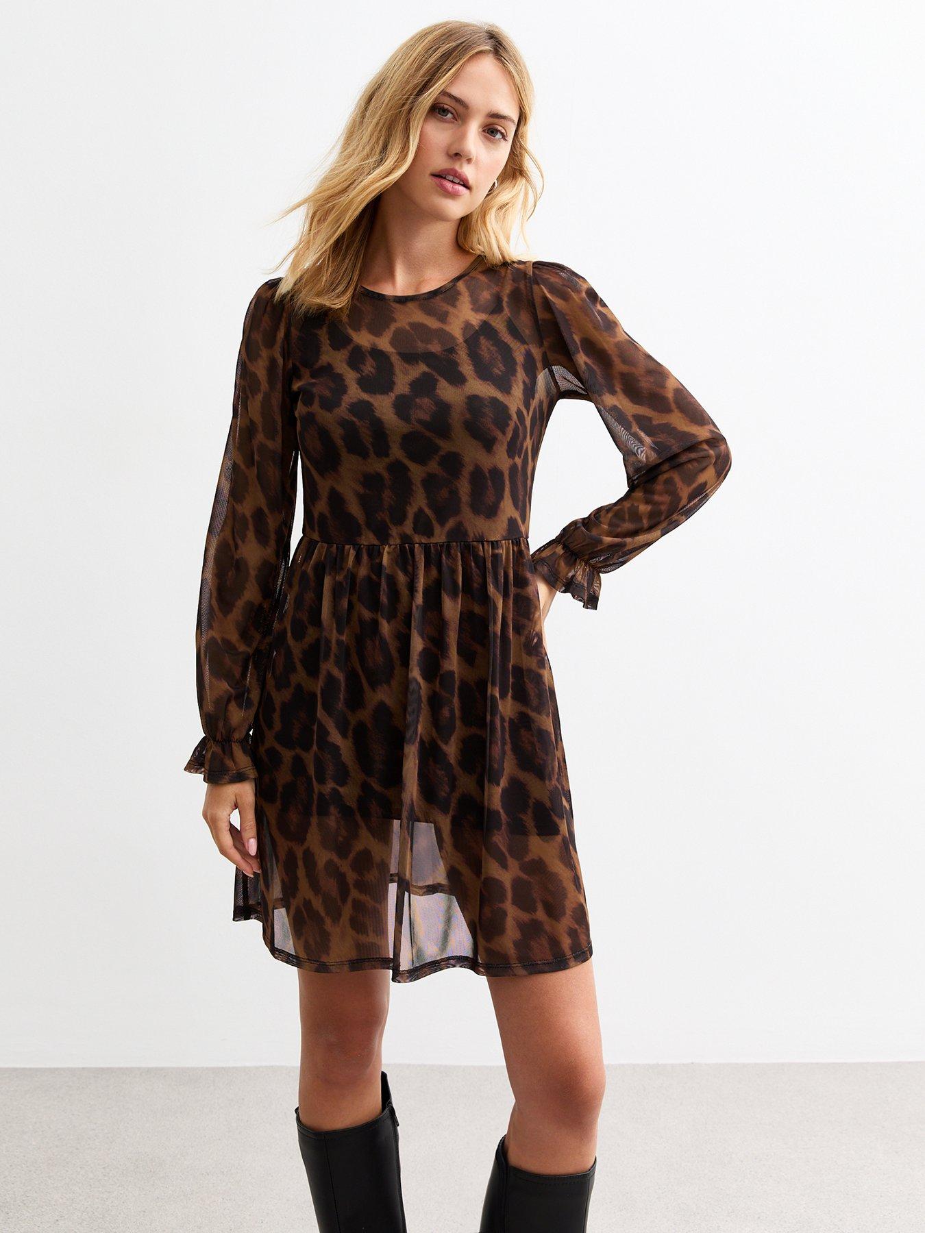 new-look-mesh-animal-print-mini-dress-brown