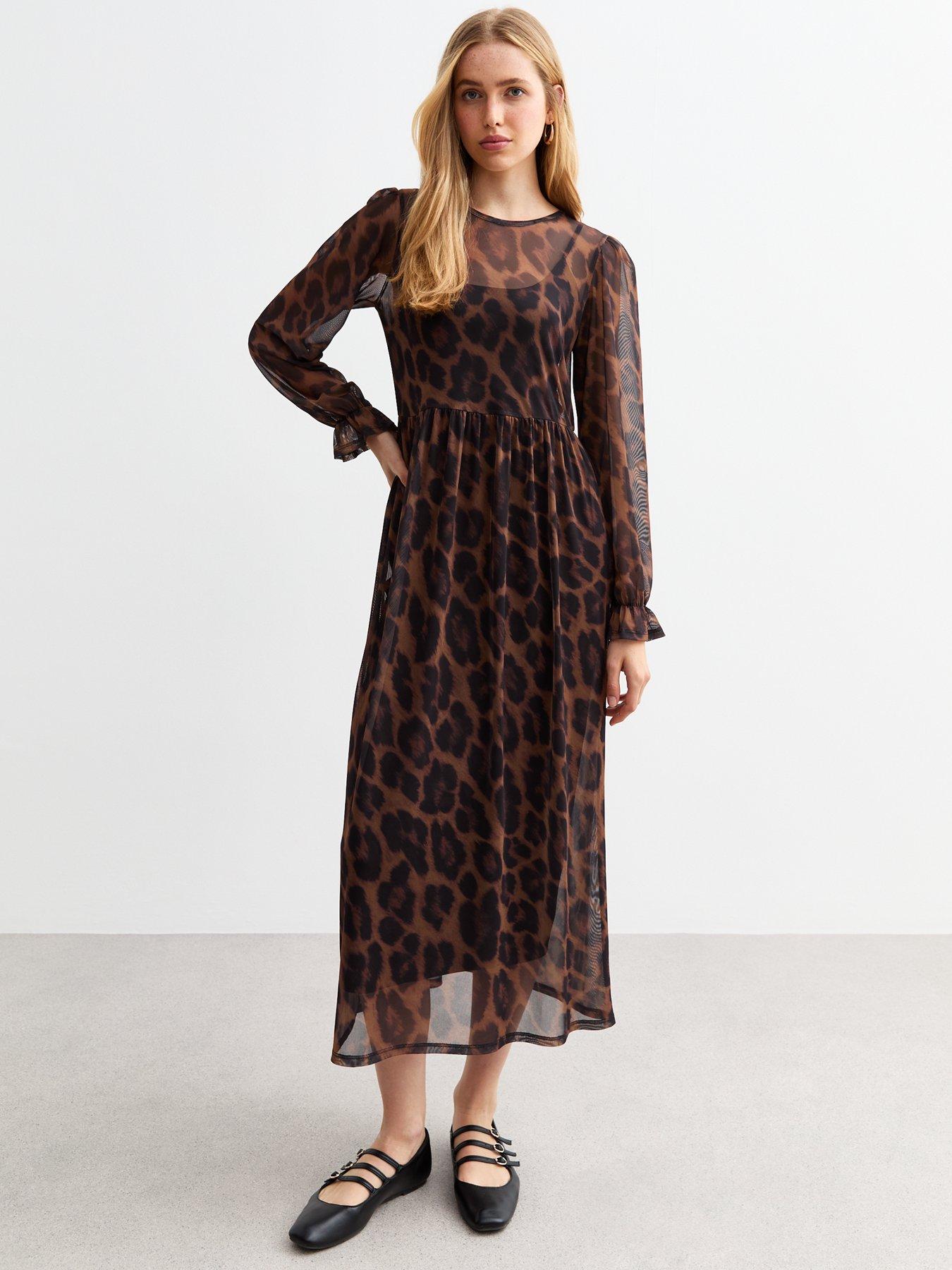 new-look-leopard-print-mesh-long-sleeve-midi-dress-brown