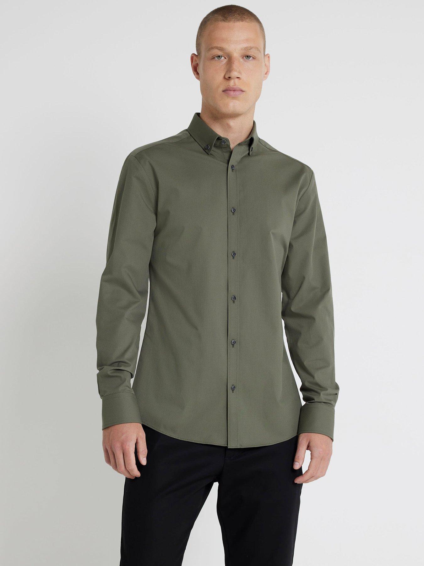 river-island-smart-long-sleeve-textured-muscle-shirt-khaki