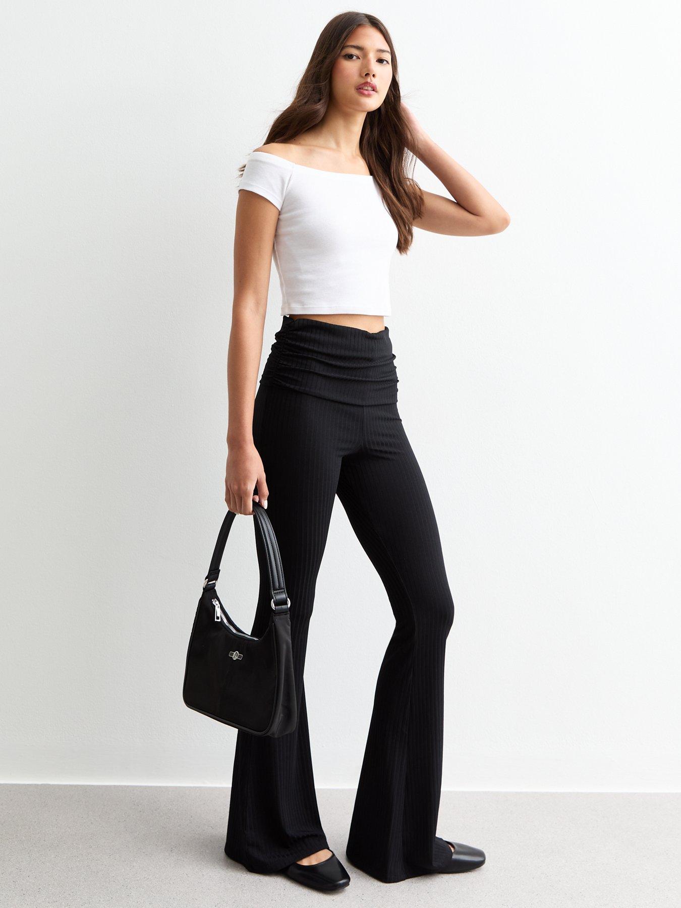 new-look-ribbed-folded-waist-flared-trousers-black