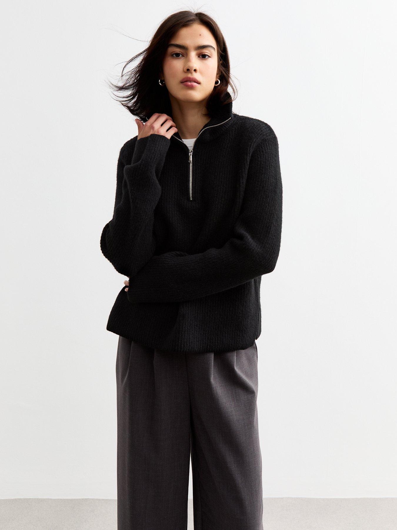 new-look-black-ribbed-half-zip-knit-jumper