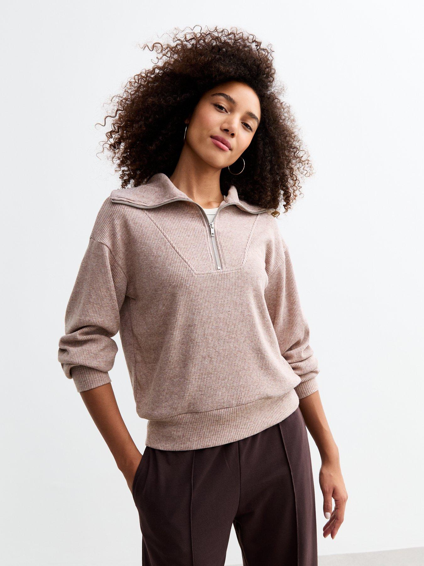 new-look-rib-soft-touch-oversized-half-zip-jumper-brown