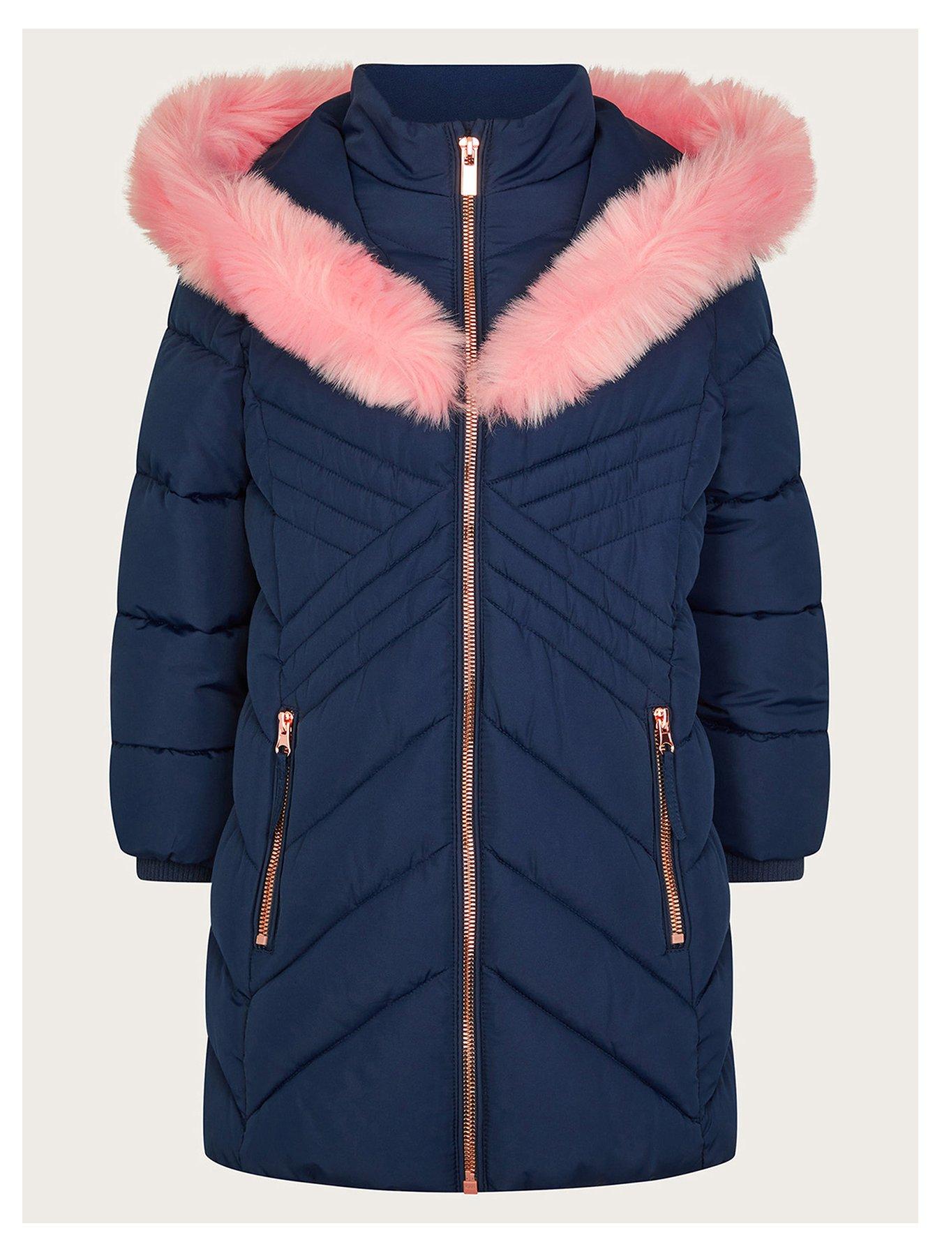 Image 1 of 3 of Monsoon Girls Diagonal Quilted Pink Trim Coat - Navy