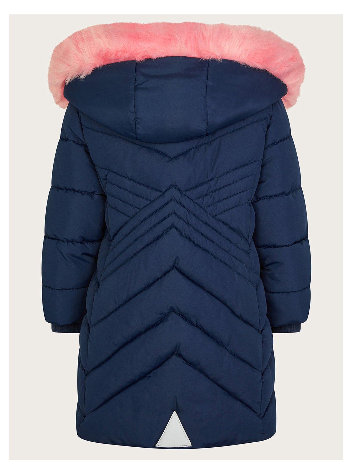 Image 2 of 3 of Monsoon Girls Diagonal Quilted Pink Trim Coat - Navy
