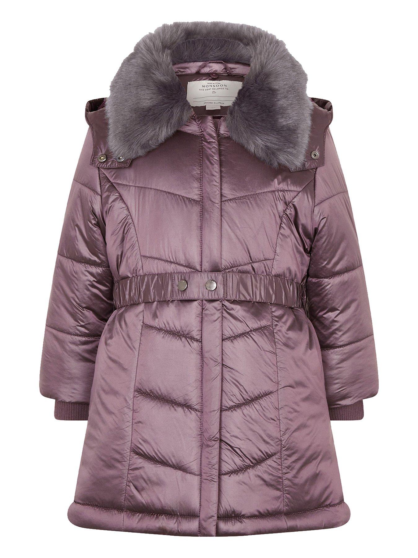 Image 1 of 4 of Monsoon Girls Metallic Chevron Faux Fur Collar Coat - Purple