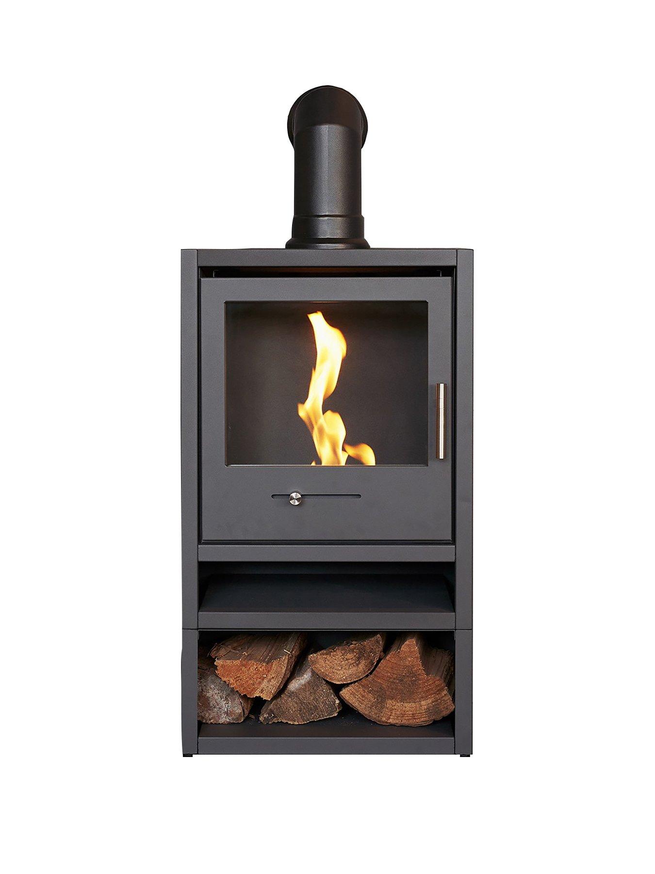 undefined OKO S1 Bio Ethanol Stove with Log Storage in Charcoal Grey & Angled Stove Pipe