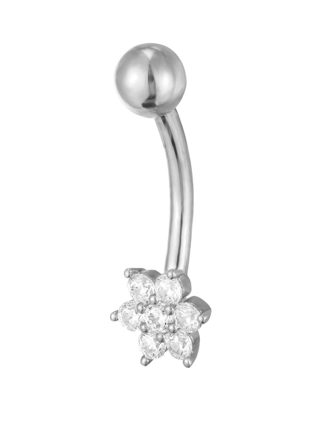Image 1 of 4 of Seol + Gold Flower Cz Belly Bar - Silver