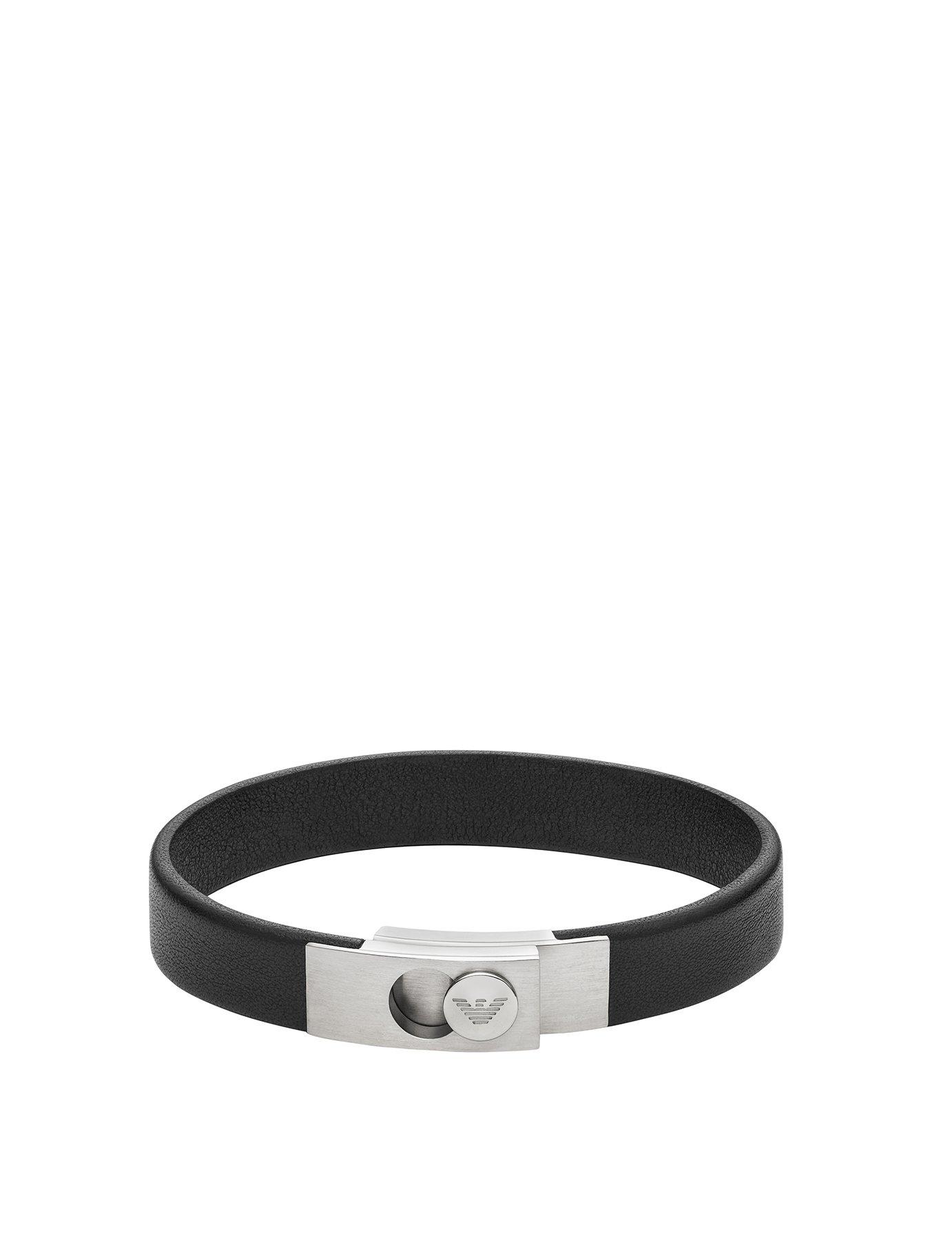 undefined Emporio Armani Stainless Steel and Black Leather Strap Bracelet