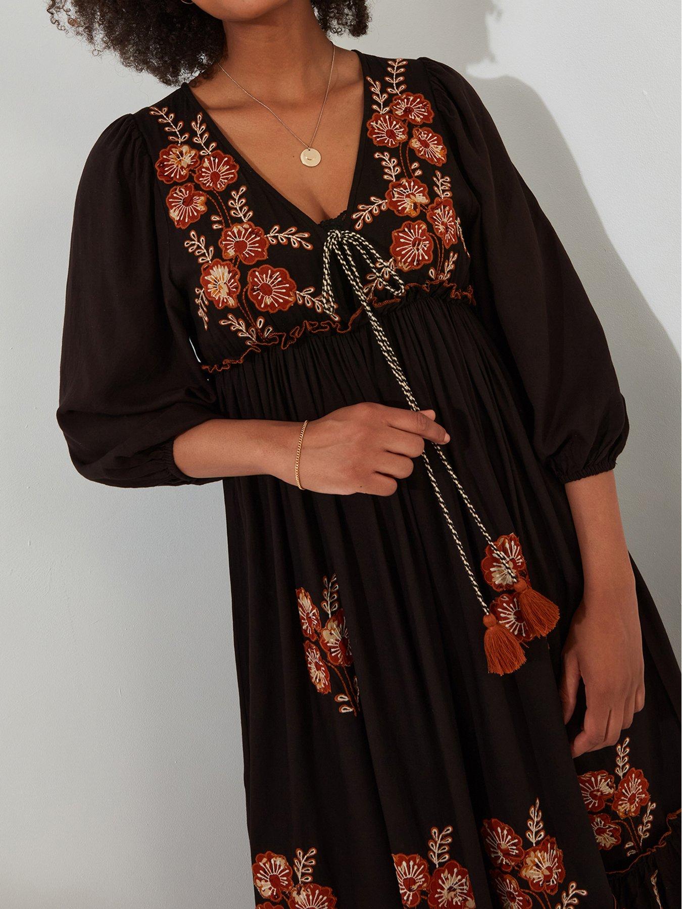glitter mini dress black Elspeth Black Satin Embroidered Dress