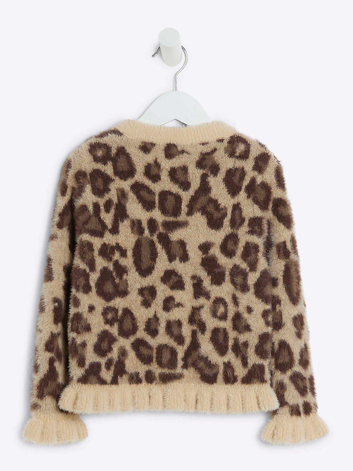 Image 2 of 4 of River Island Mini Mini Girl Leopard Fluffy Frill Jumper - Brown