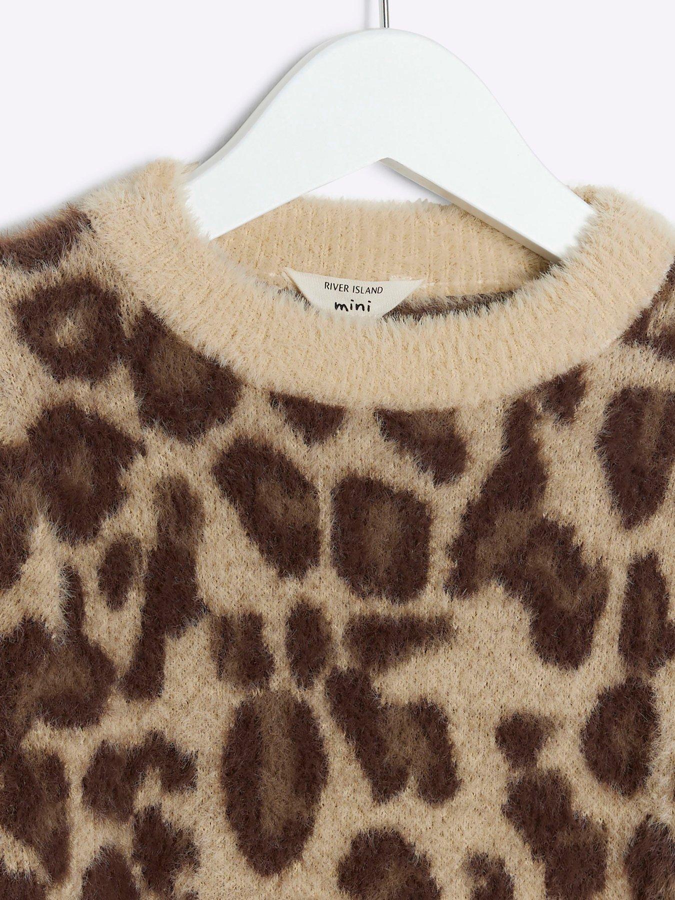 Image 3 of 4 of River Island Mini Mini Girl Leopard Fluffy Frill Jumper - Brown