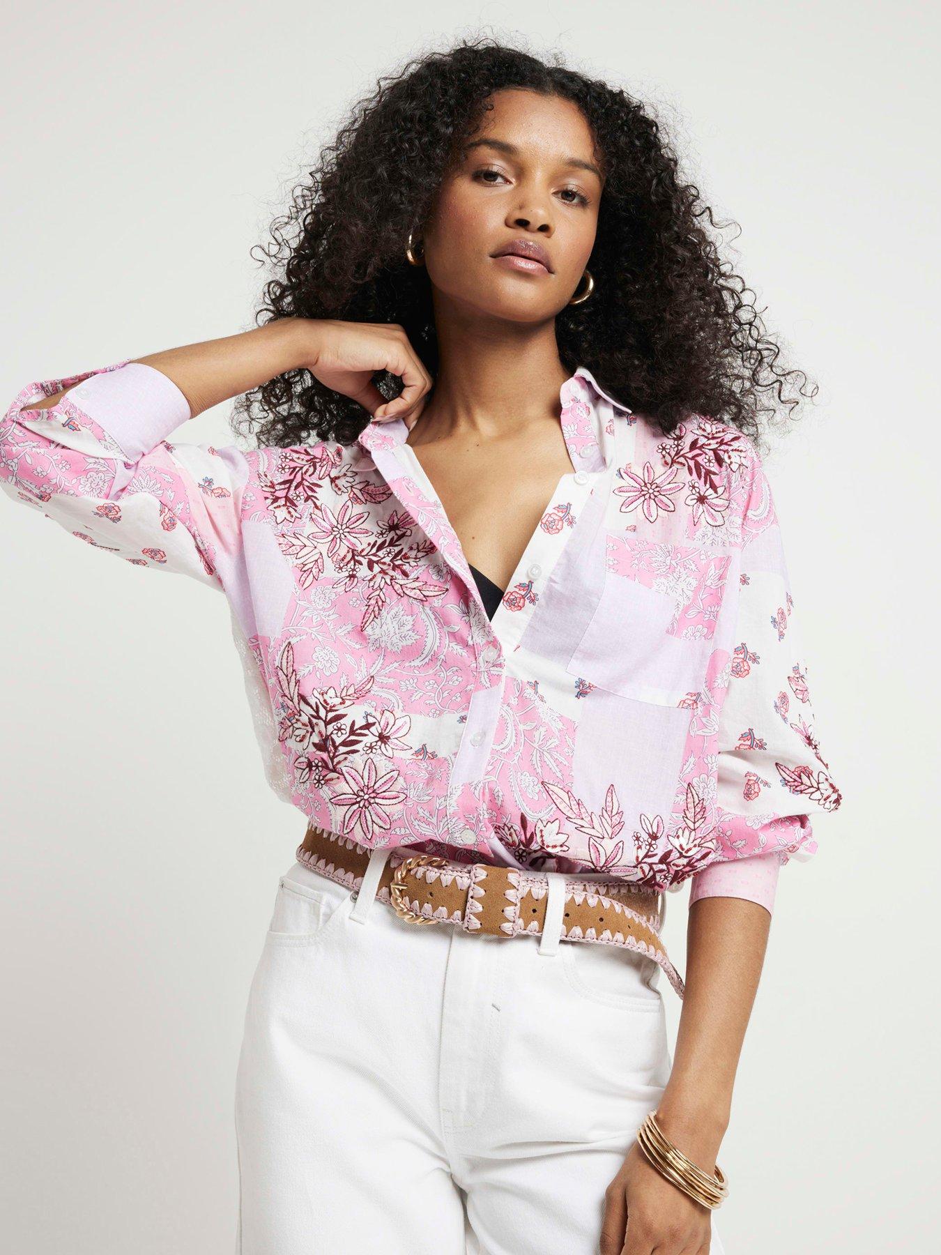 Image 1 of 6 of River Island Patchwork Boyfriend Shirt - Medium Pink