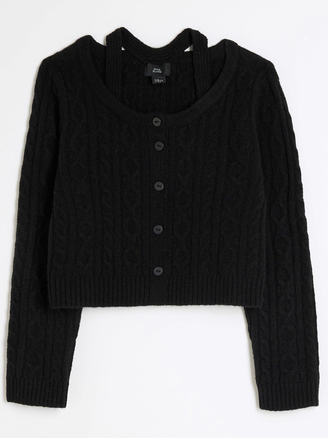 river-island-older-girl-cable-knit-halter-neck-cardigan-blackfront