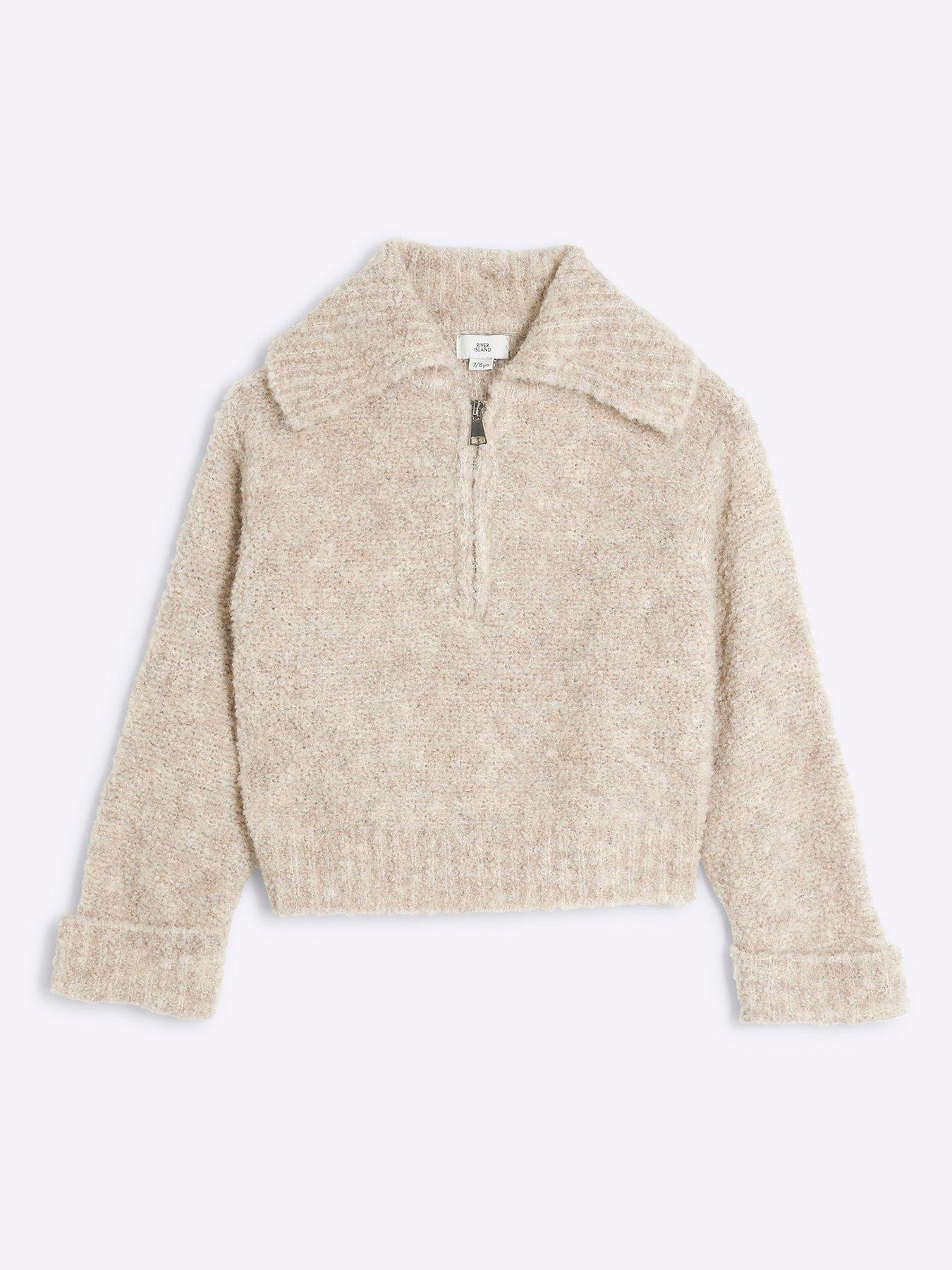 river-island-older-girl-boucle-zip-funnel-neck-jumper-beige