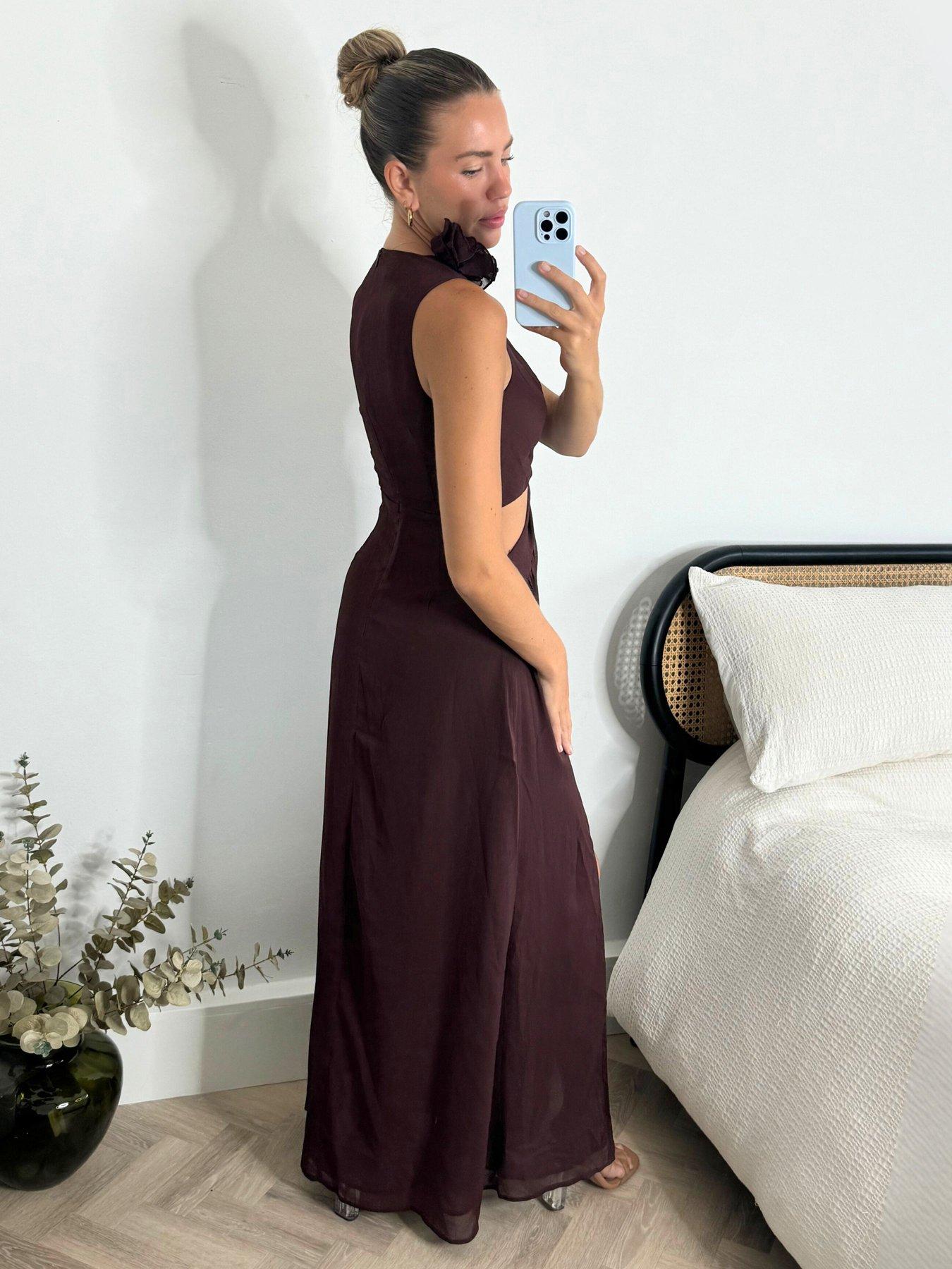 style-cheat-cut-out-ruffle-shoulder-maxi-dress-brownstillFront