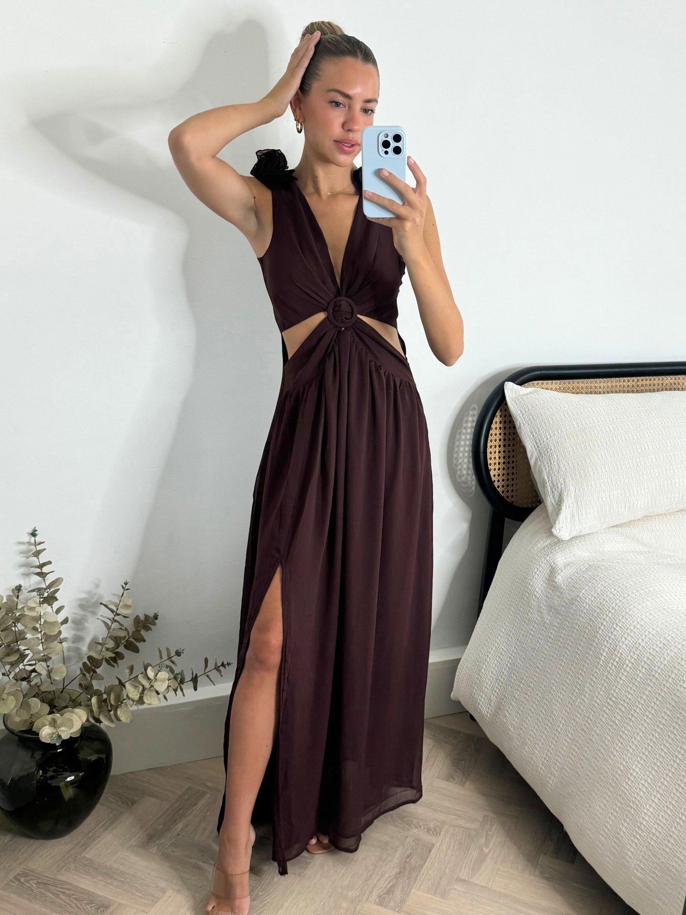 brown cut out maxi dress Junipa Chocolate Brown Strapless Cutout Maxi Dress - US 4