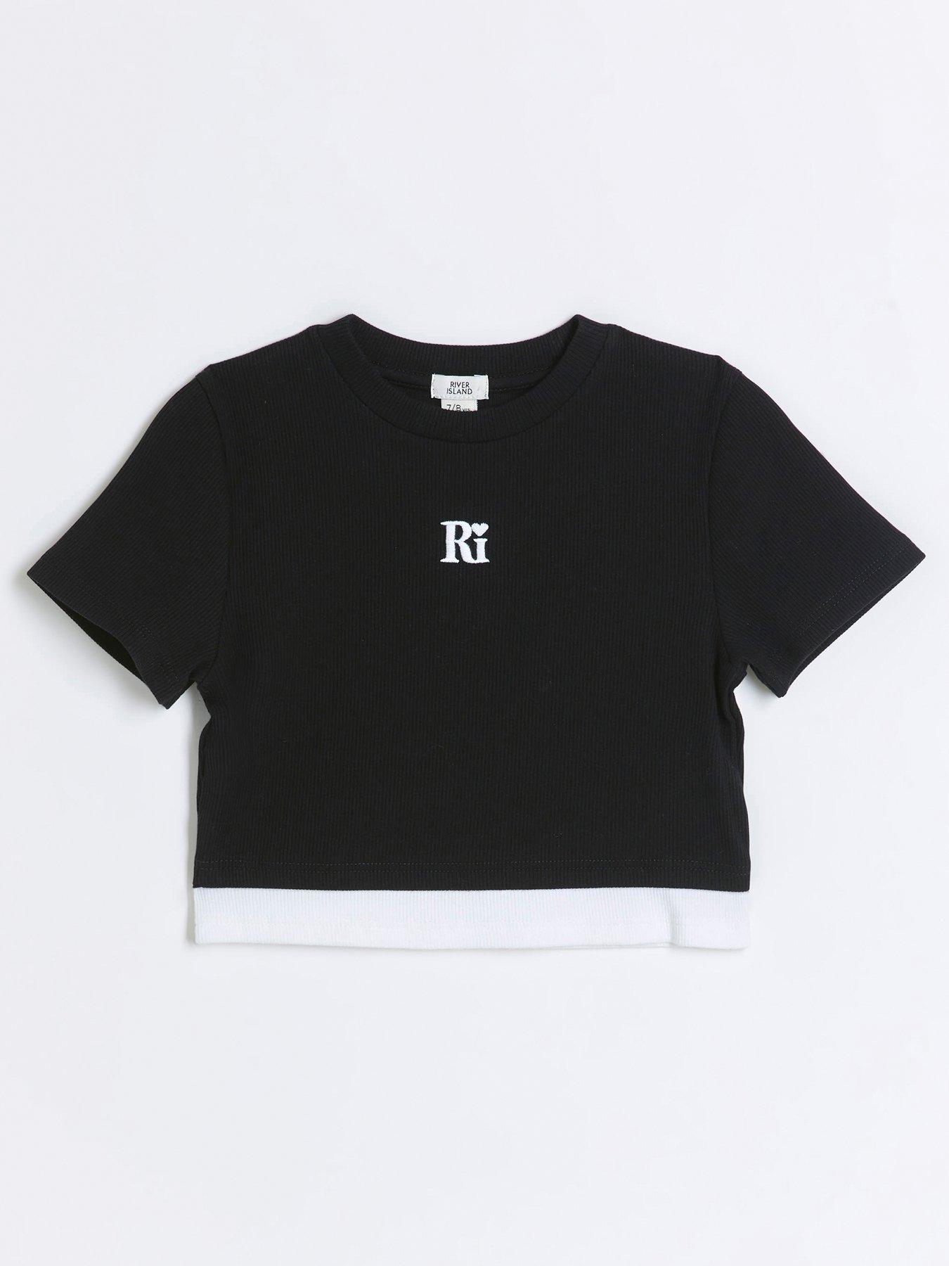 river-island-older-girl-ribbed-double-hem-t-shirt-black