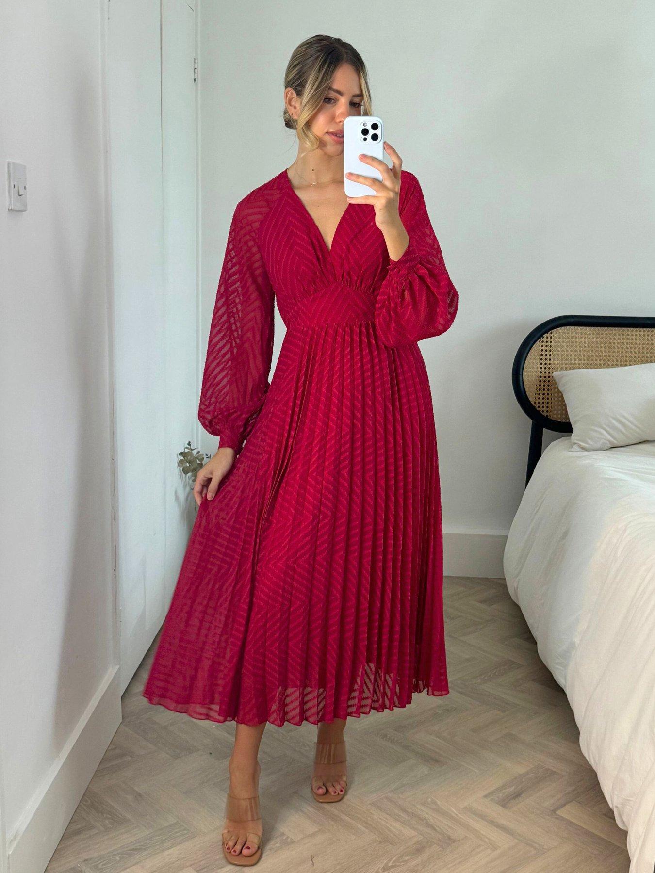 Image 1 of 4 of Style Cheat Long Sleeve V Neck Midi Dress - Red