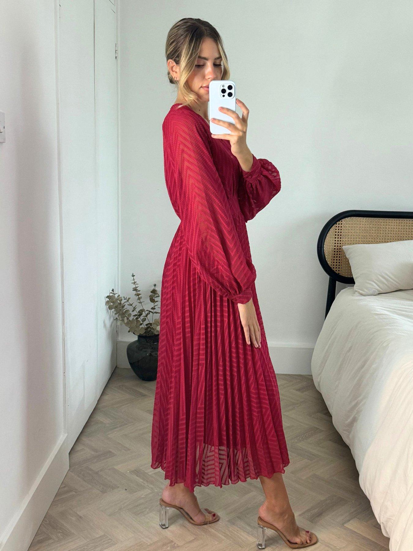 Image 2 of 4 of Style Cheat Long Sleeve V Neck Midi Dress - Red